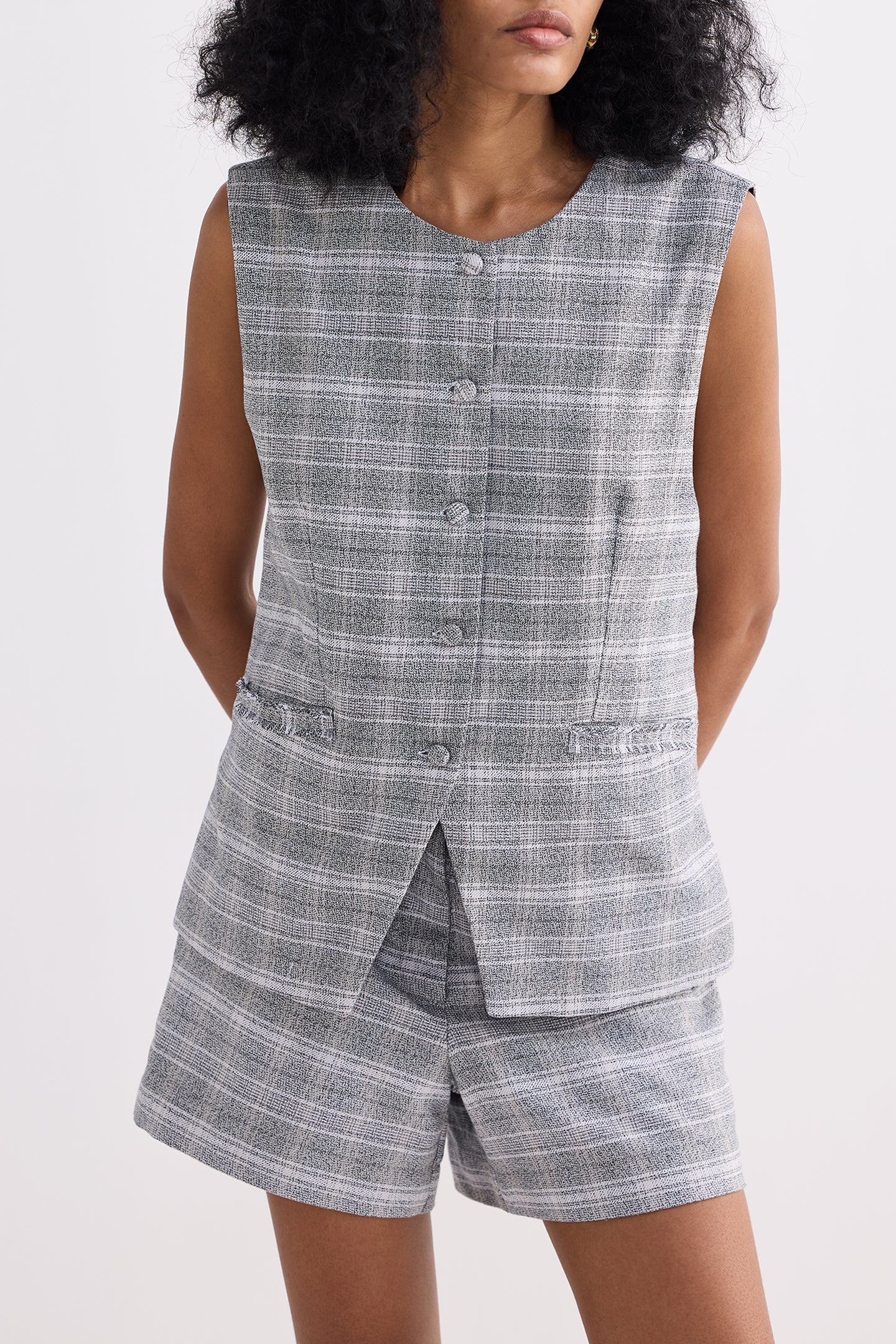 Cotton Tweed Vest Jacket Set in Grey - Image 7