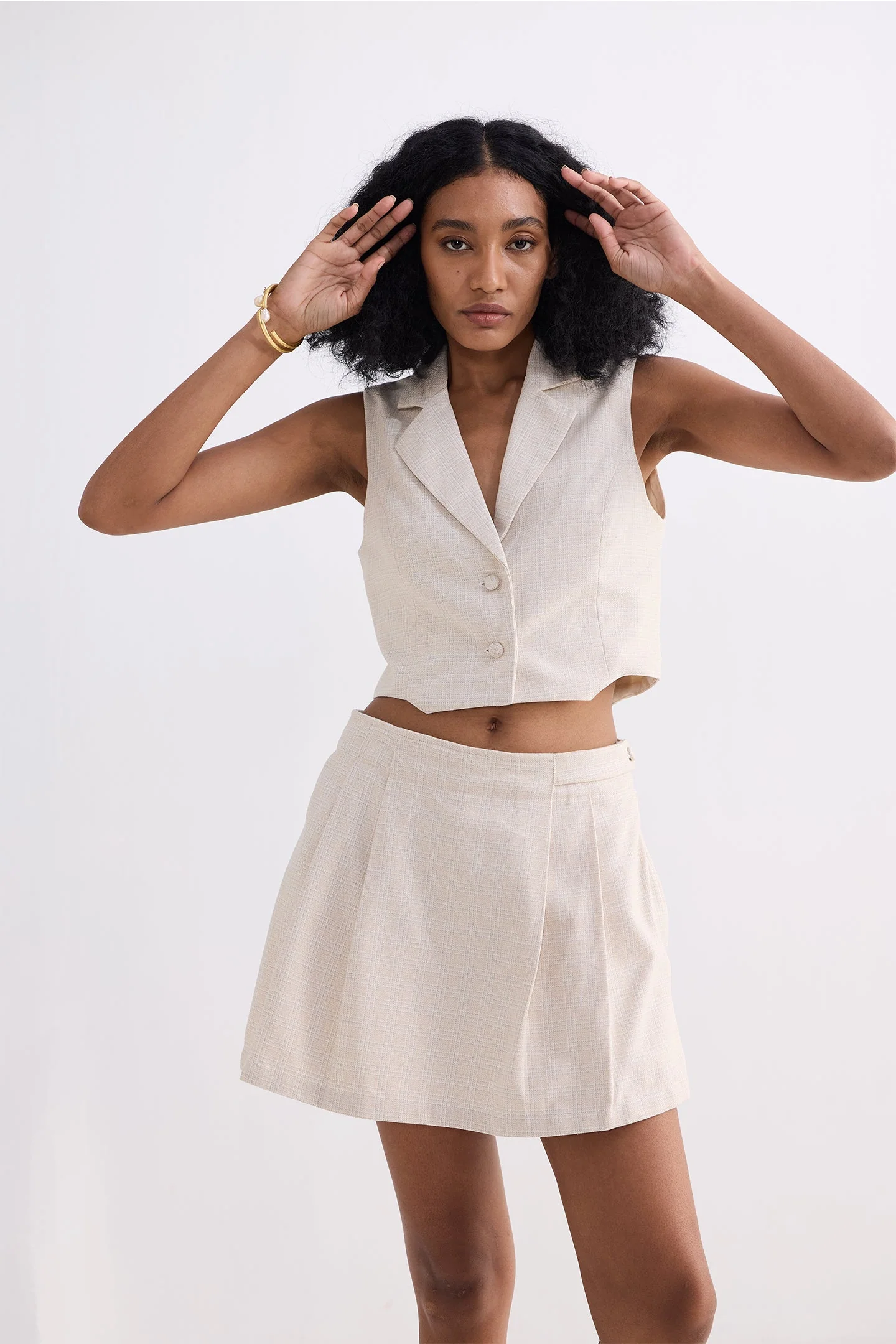 Cropped Cotton Tweed Vest Set in Cream - Image 6