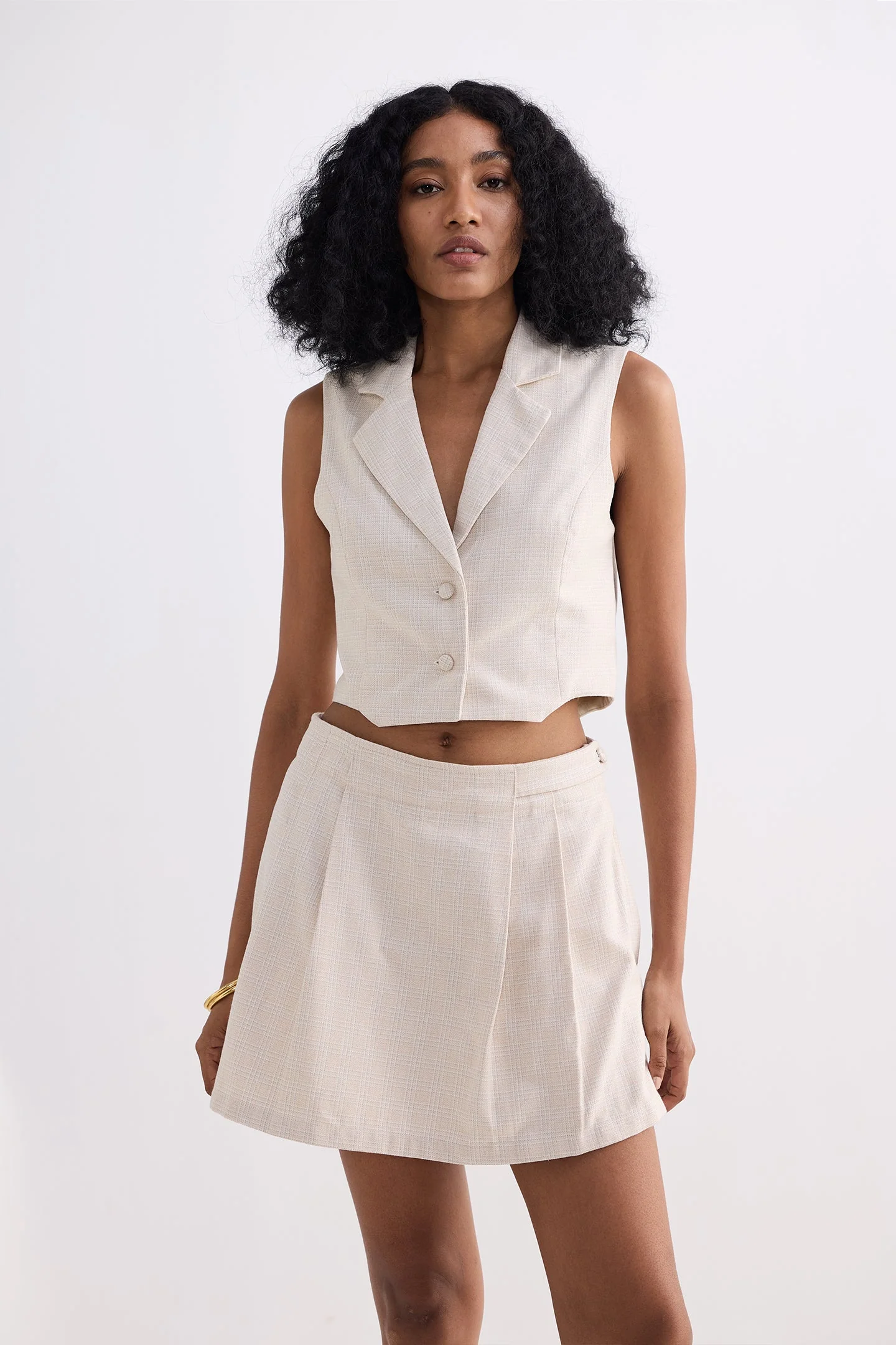 Cropped Cotton Tweed Vest Set in Cream - Image 8