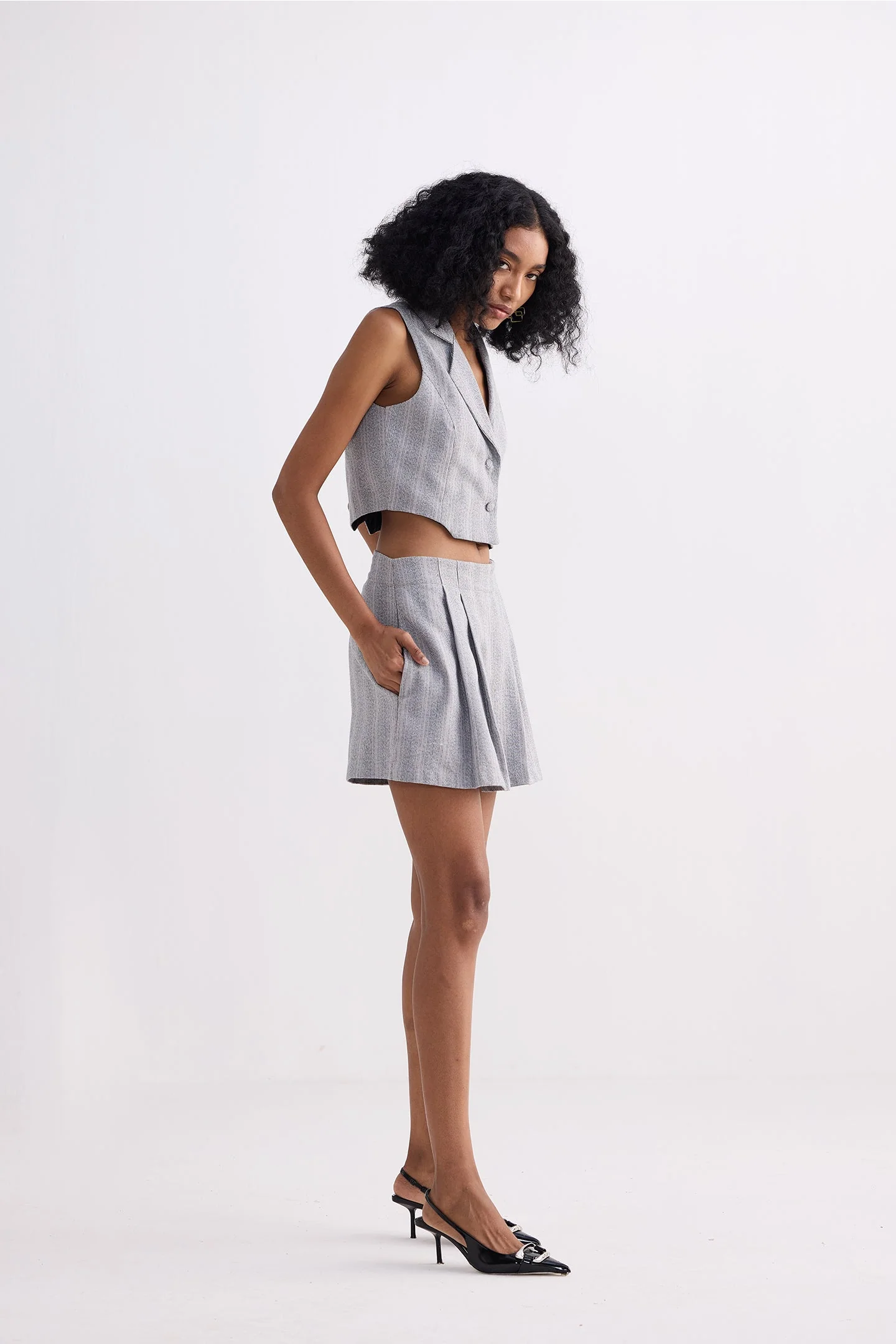 Cropped Cotton Tweed Vest Set in Grey - Image 11