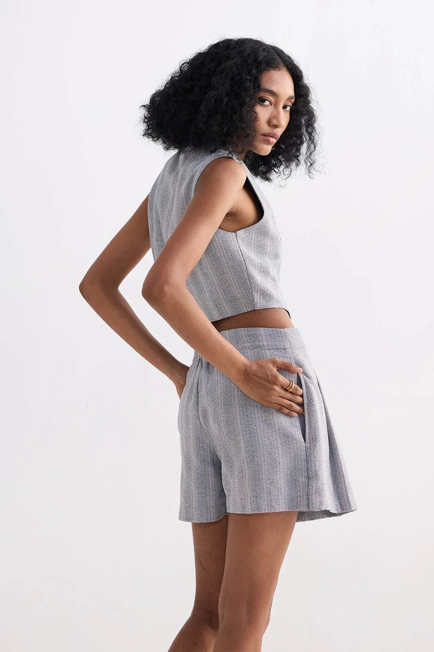 Cropped Cotton Tweed Vest Set in Grey - Image 2