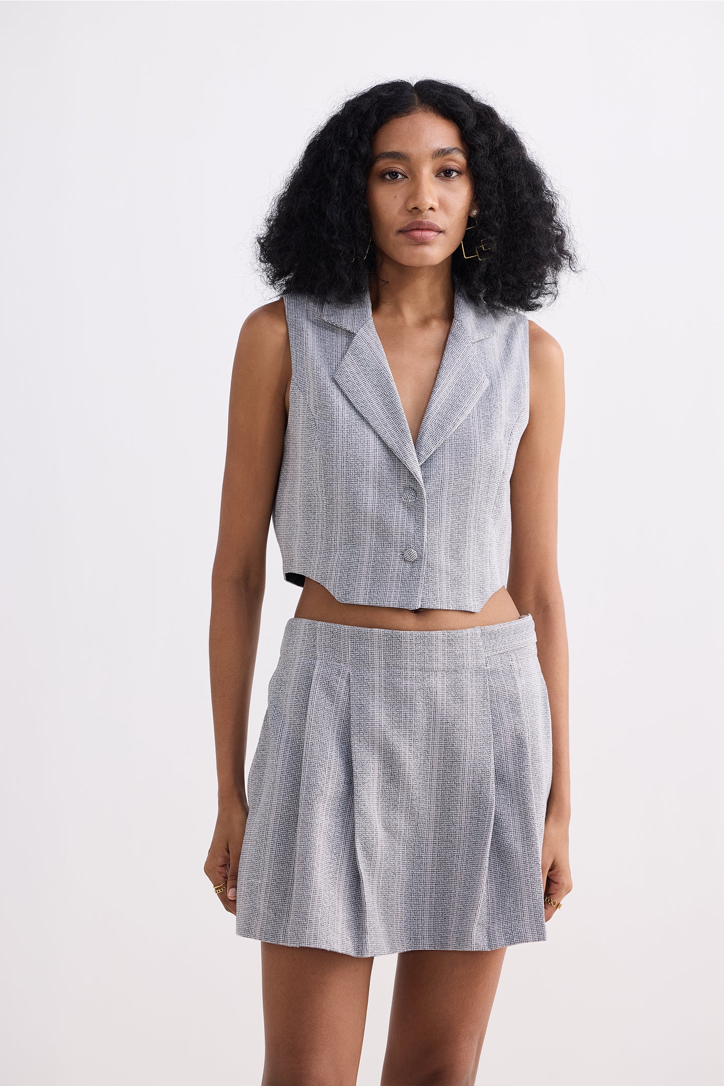 Cropped Cotton Tweed Vest Set in Grey - Image 8