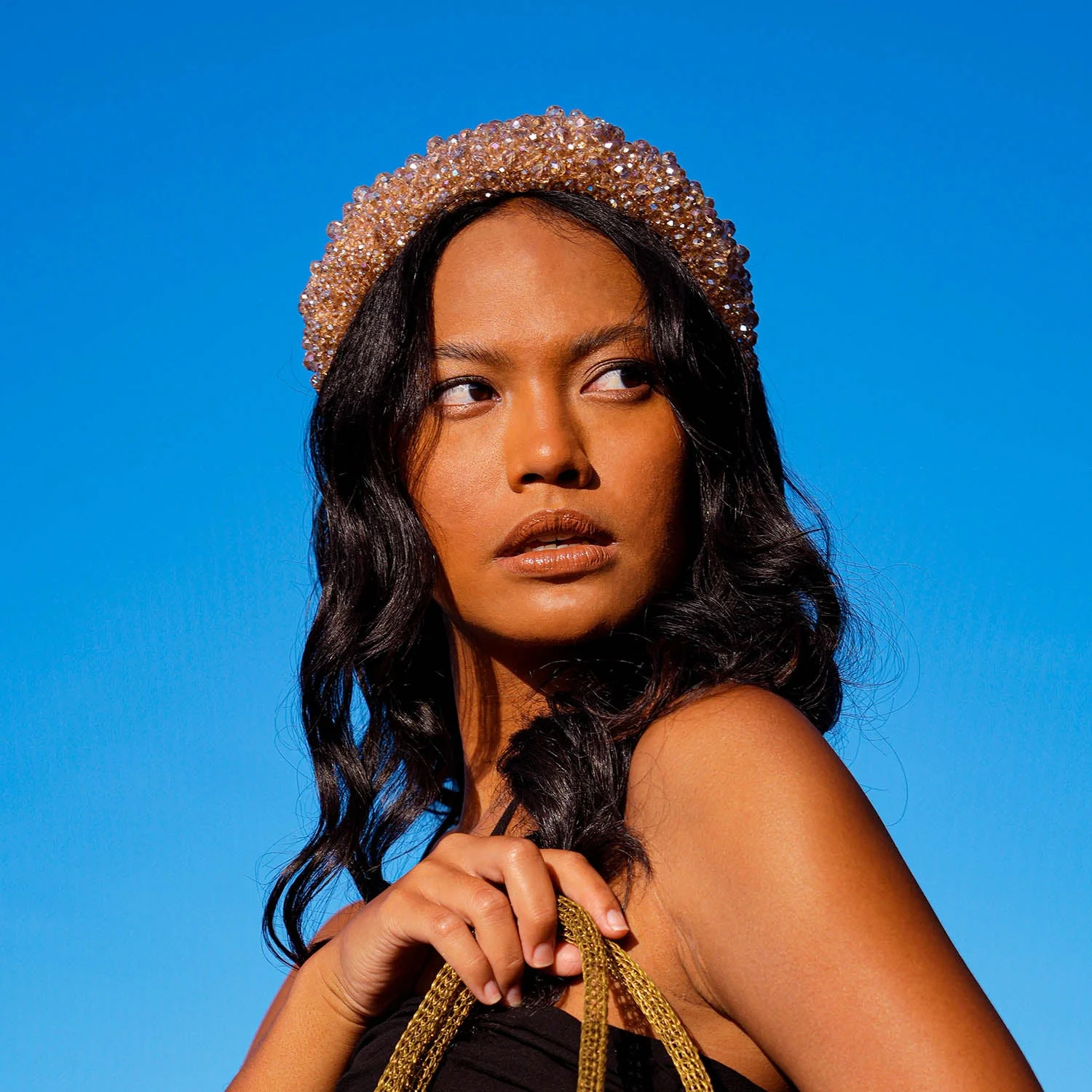 CROWN Glass Crystal Beads Headband In Champagne Beige - Image 2