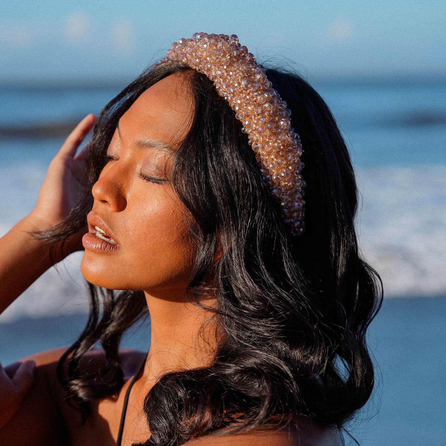 CROWN Glass Crystal Beads Headband In Champagne Beige - Image 4