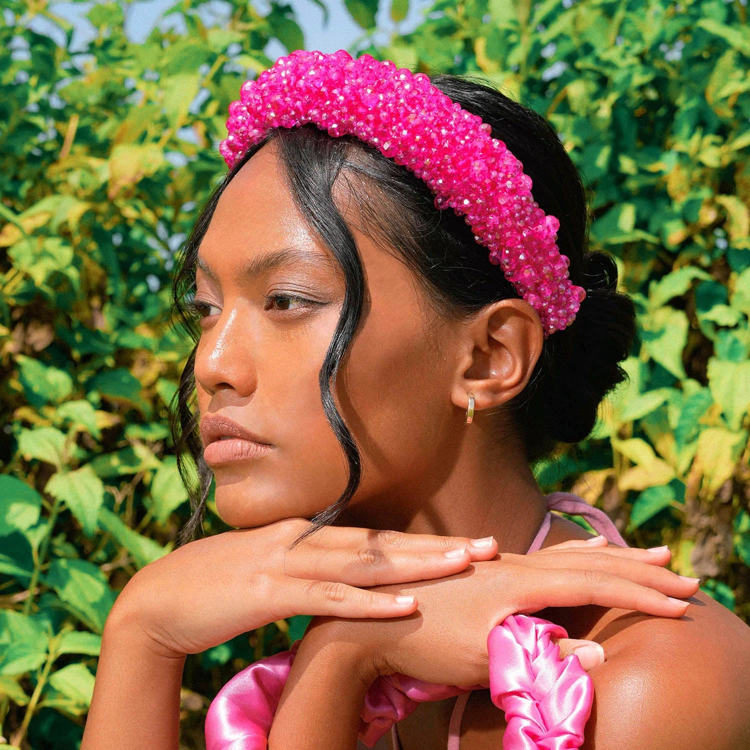 CROWN Glass Crystal Beads Headband In Shocking Pink - Image 2