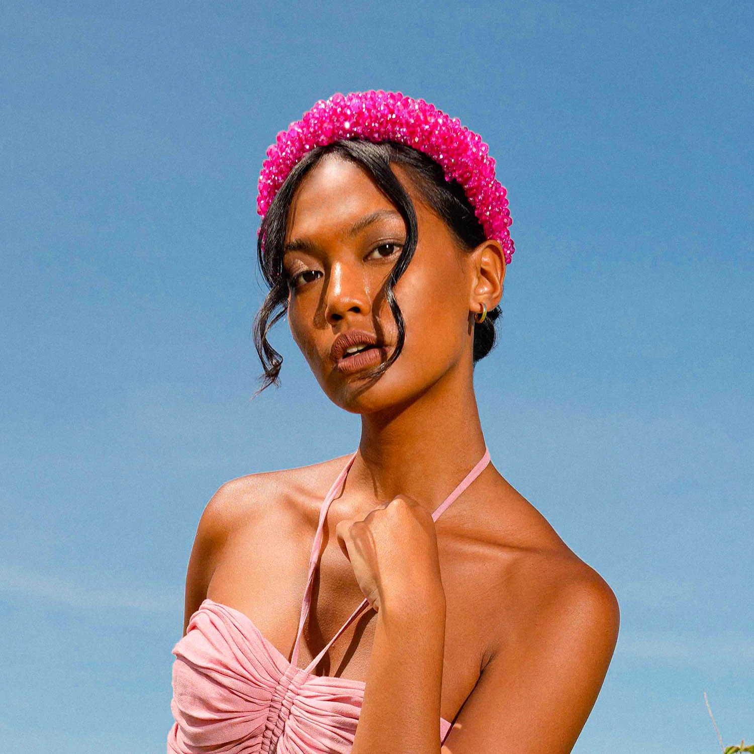 CROWN Glass Crystal Beads Headband In Shocking Pink - Image 4