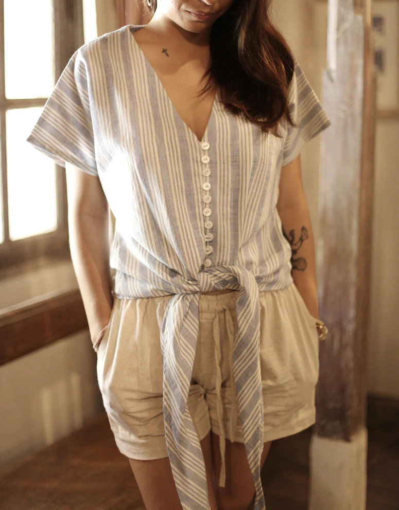 DARA Handwoven Cotton Cap Sleeve Shirt, in Riviera Blue - Image 3