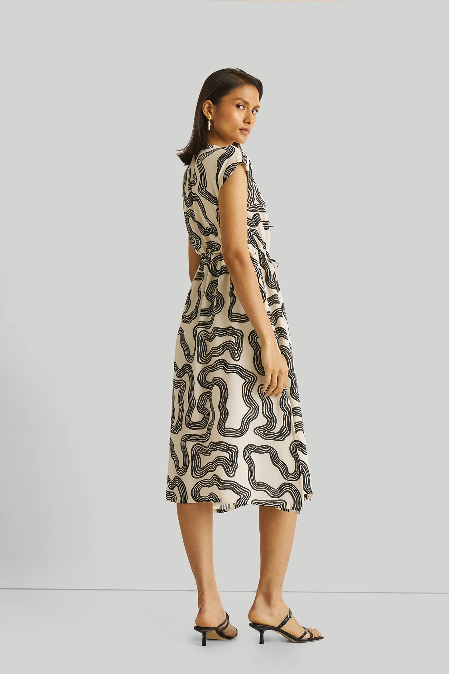 Deep V-neck Gathered Dress in Black Stripes - Image 11