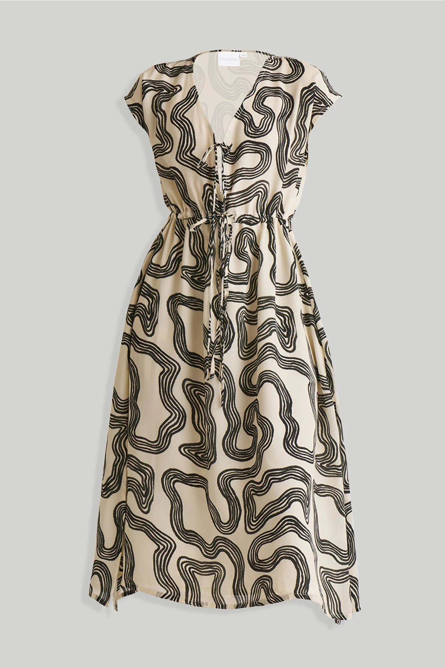 Deep V-neck Gathered Dress in Black Stripes - Image 12