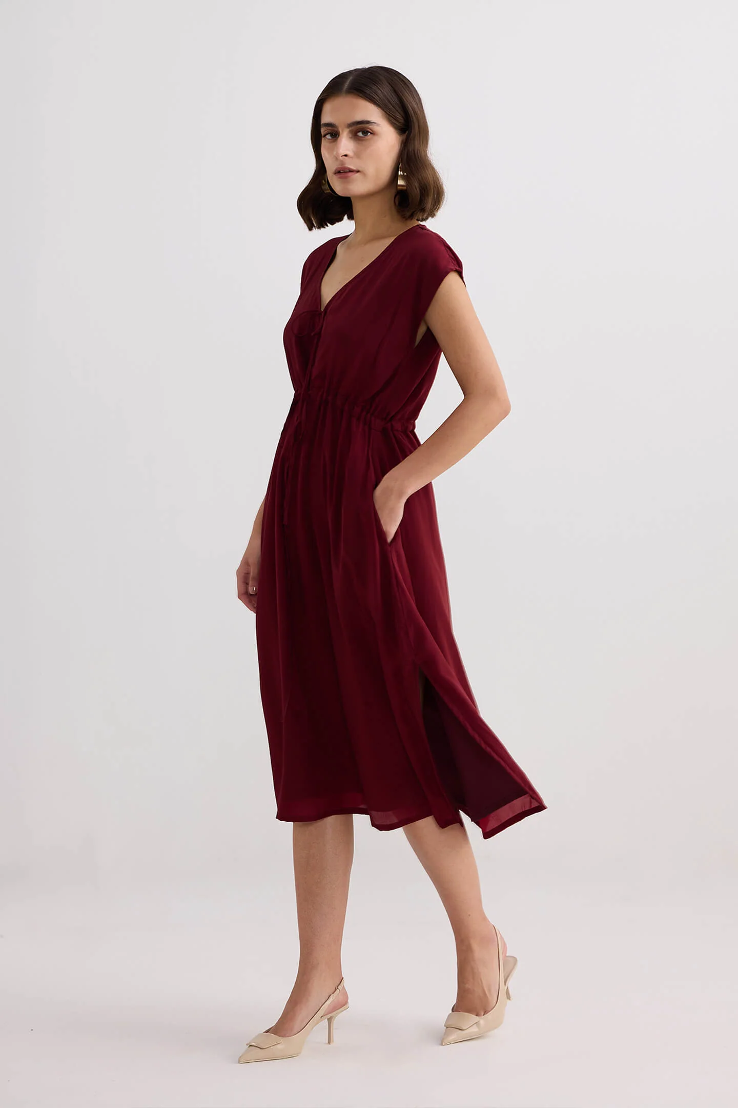 Deep V-neck Gathered Dress in Burgundy - Image 11