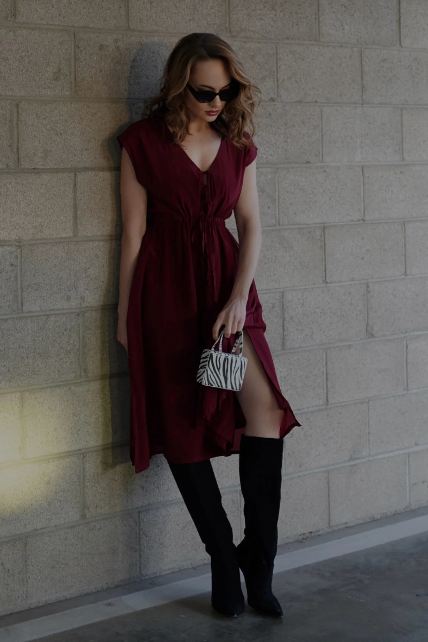 Deep V-neck Gathered Dress in Burgundy - Image 12