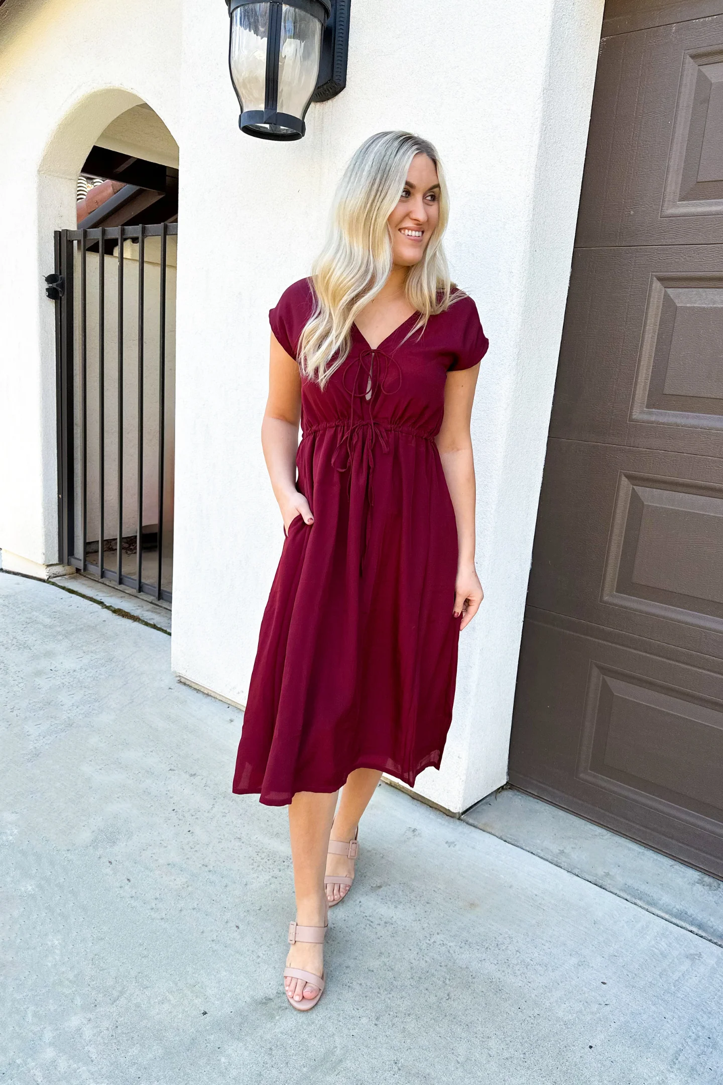 Deep V-neck Gathered Dress in Burgundy - Image 14