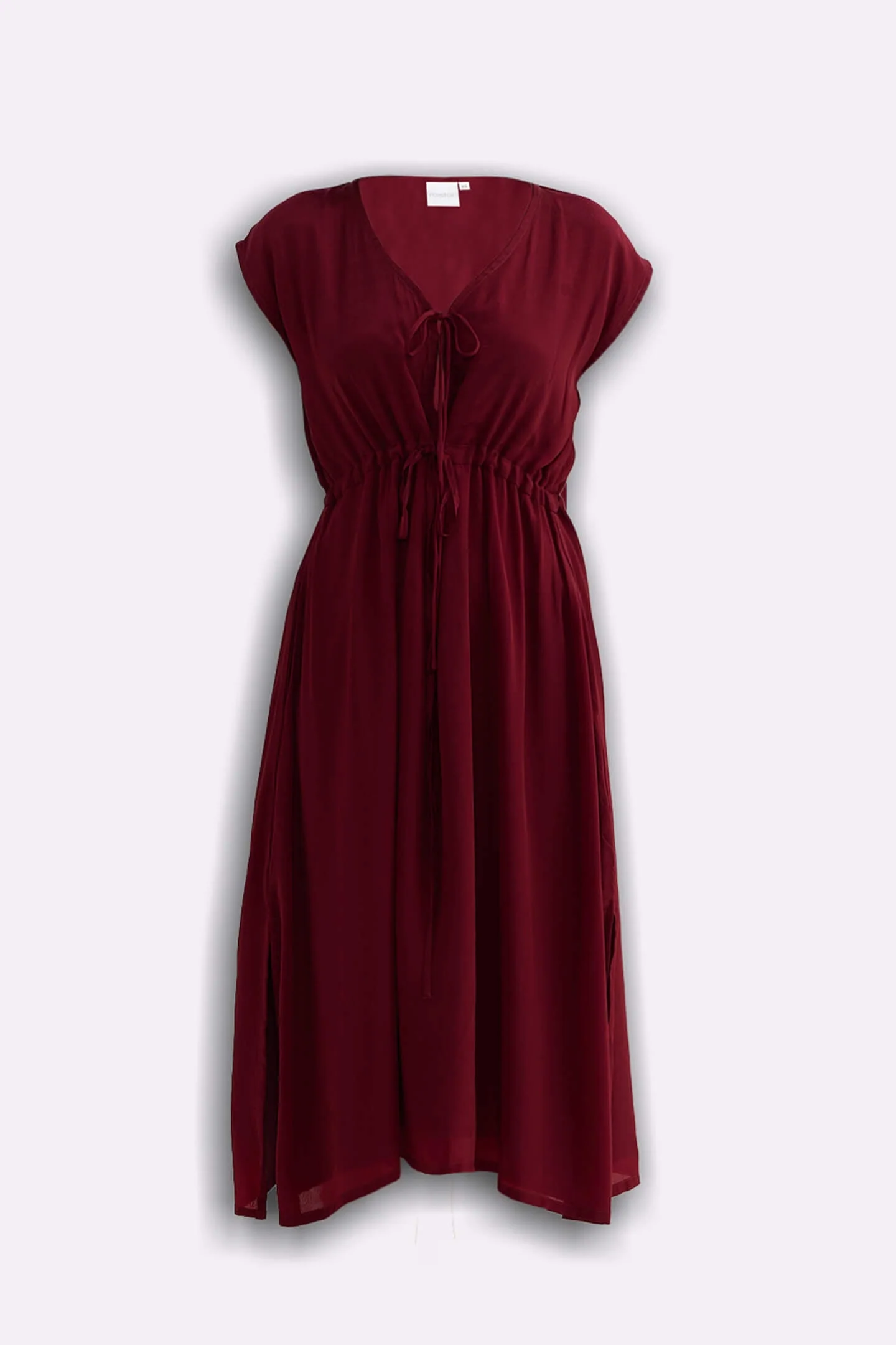 Deep V-neck Gathered Dress in Burgundy - Image 15