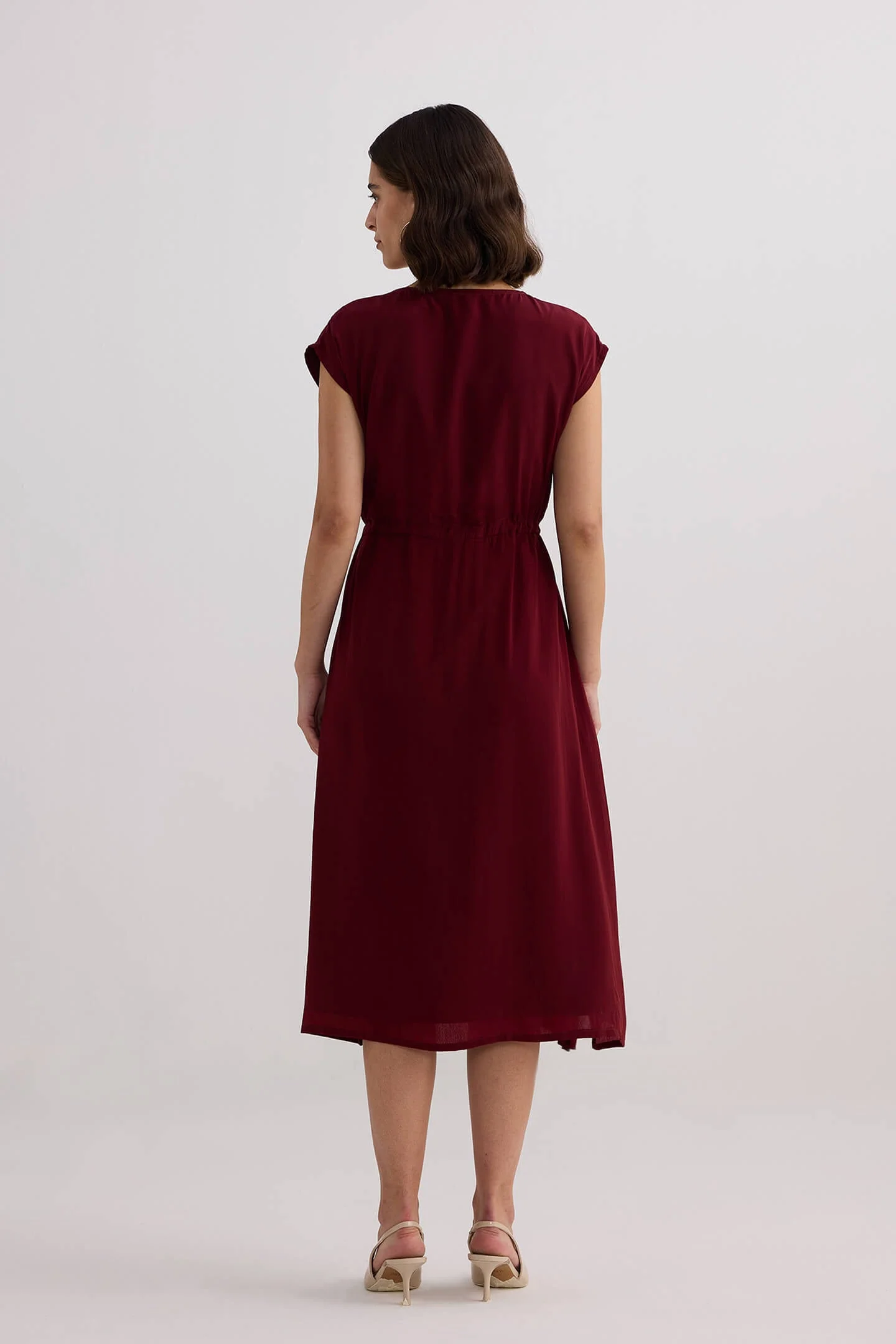 Deep V-neck Gathered Dress in Burgundy - Image 2