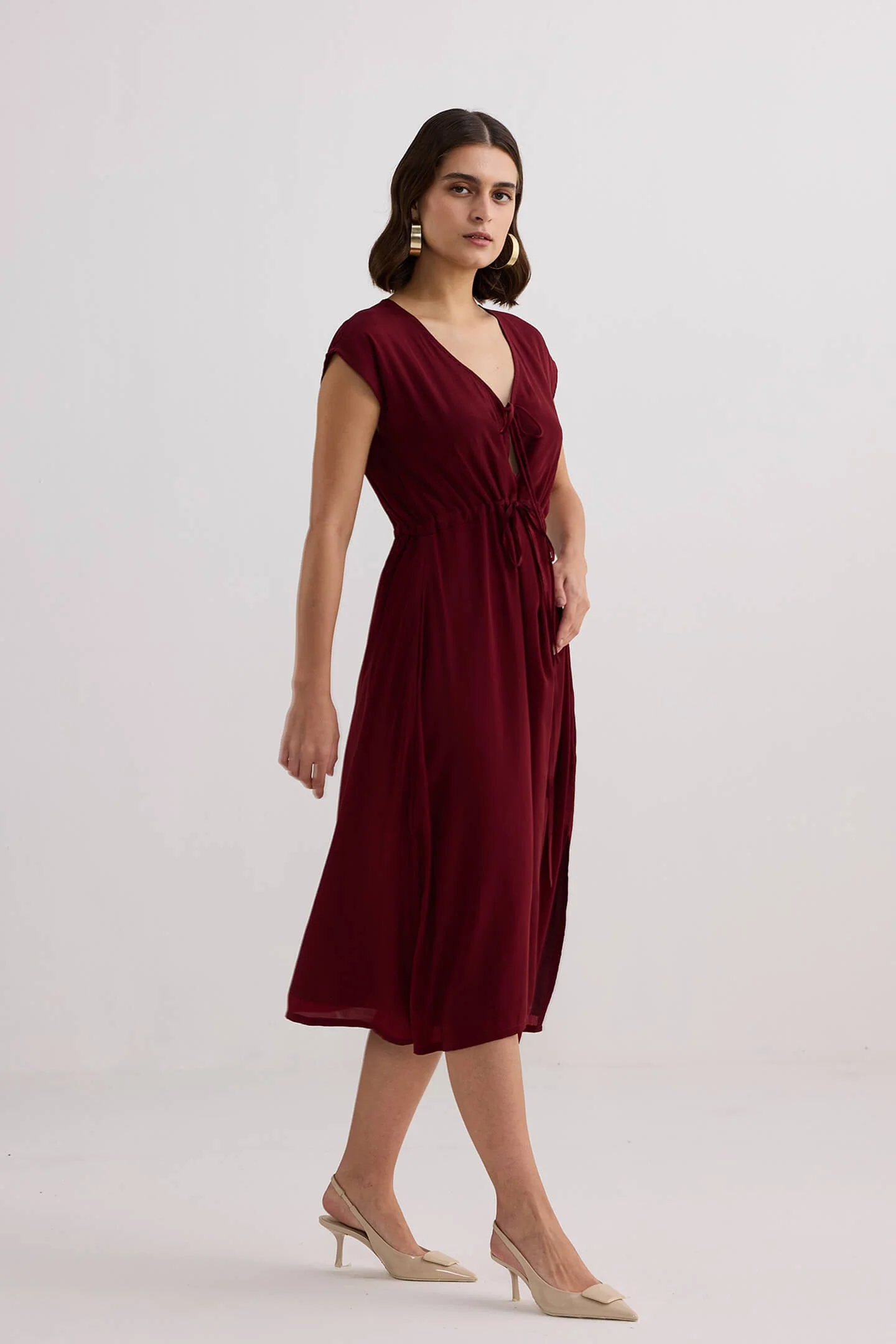 Deep V-neck Gathered Dress in Burgundy - Image 3