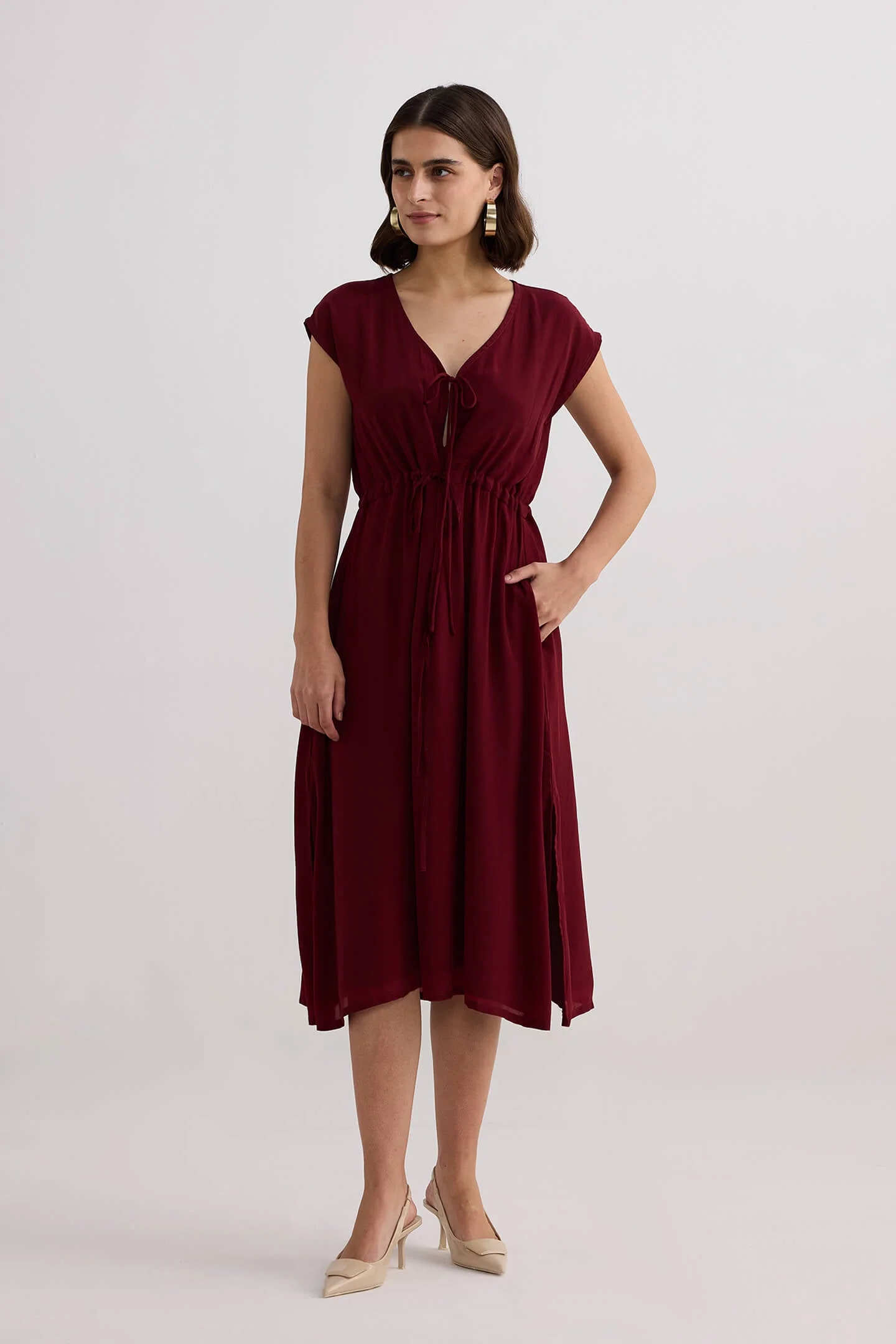 Deep V-neck Gathered Dress in Burgundy - Image 5
