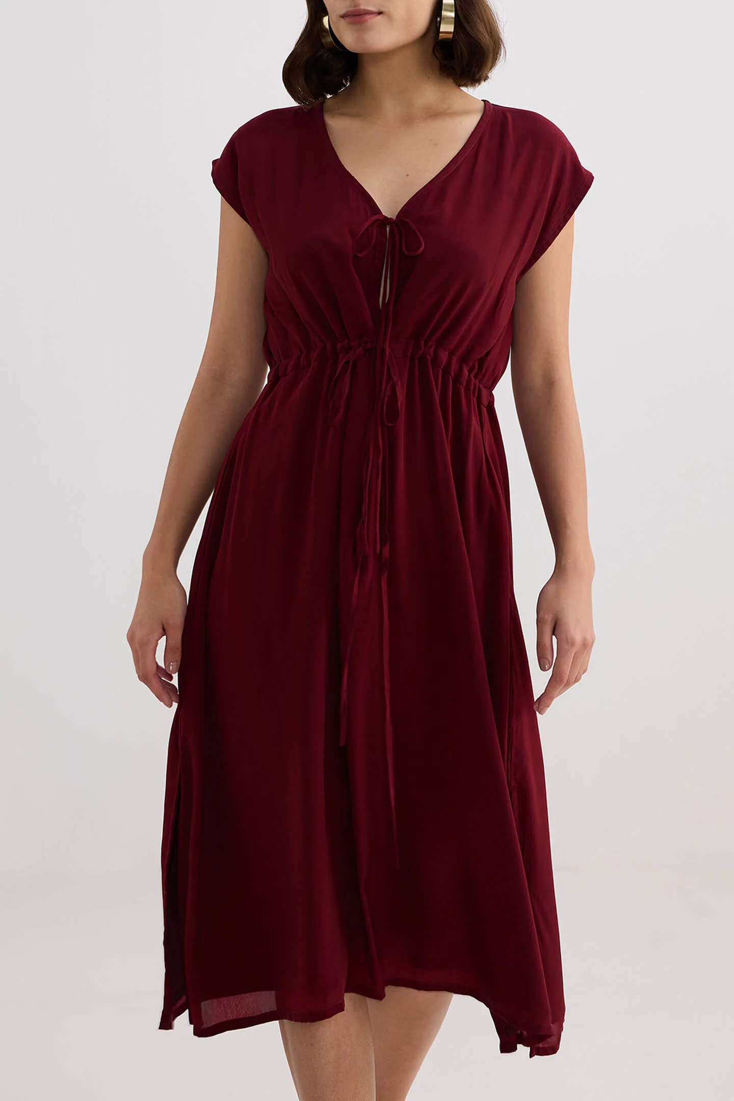 Deep V-neck Gathered Dress in Burgundy - Image 8