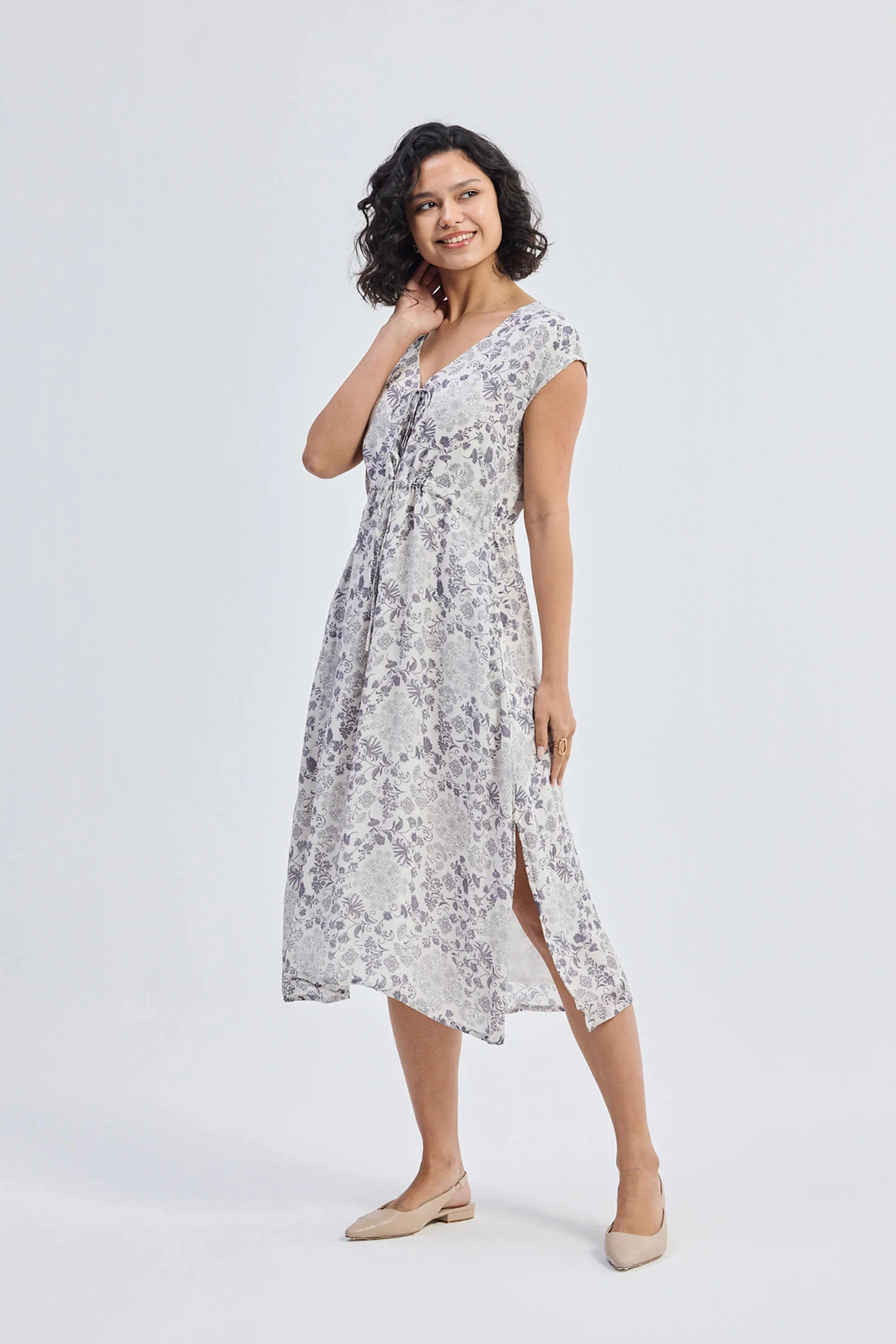 Deep V-neck Gathered Dress in Florals - Image 8