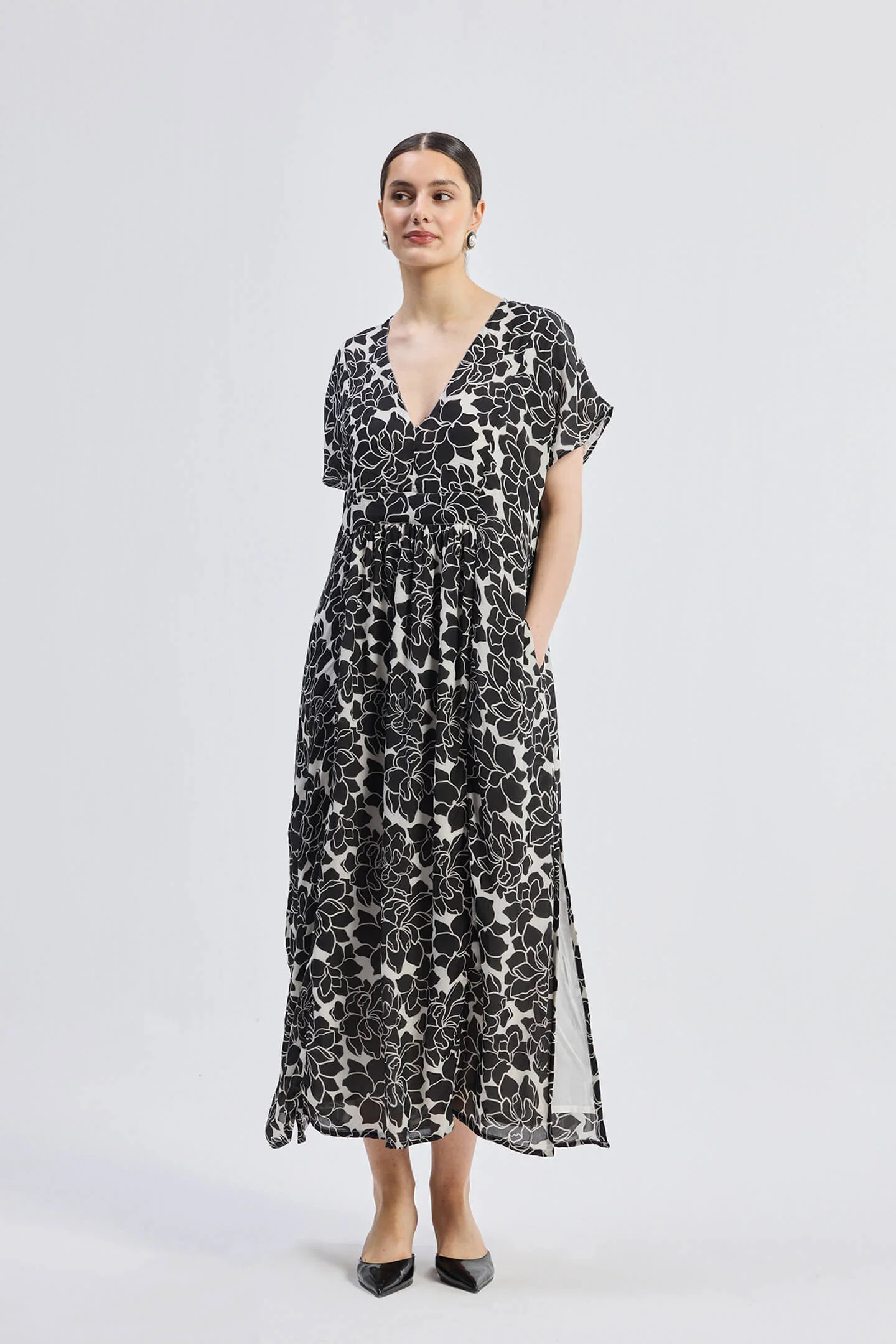 Deep V-neck Maxi Dress with Front Gathers in Black Florals - Image 4