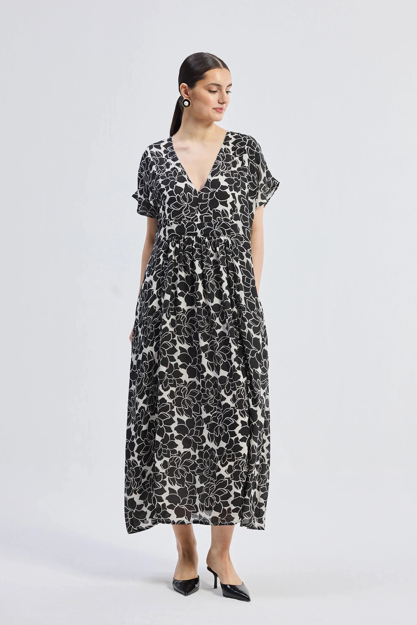 Deep V-neck Maxi Dress with Front Gathers in Black Florals - Image 6