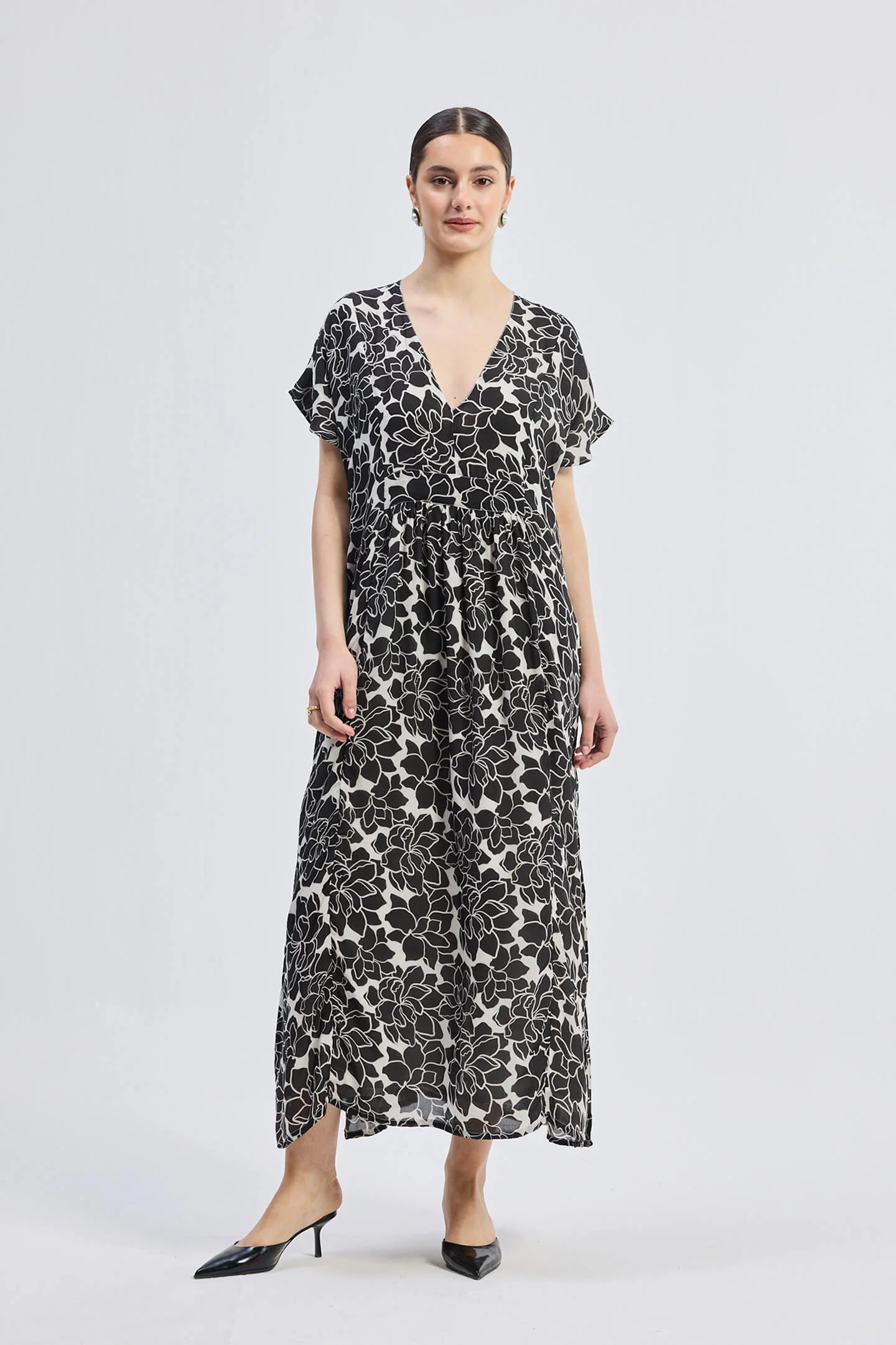 Deep V-neck Maxi Dress with Front Gathers in Black Florals - Image 7