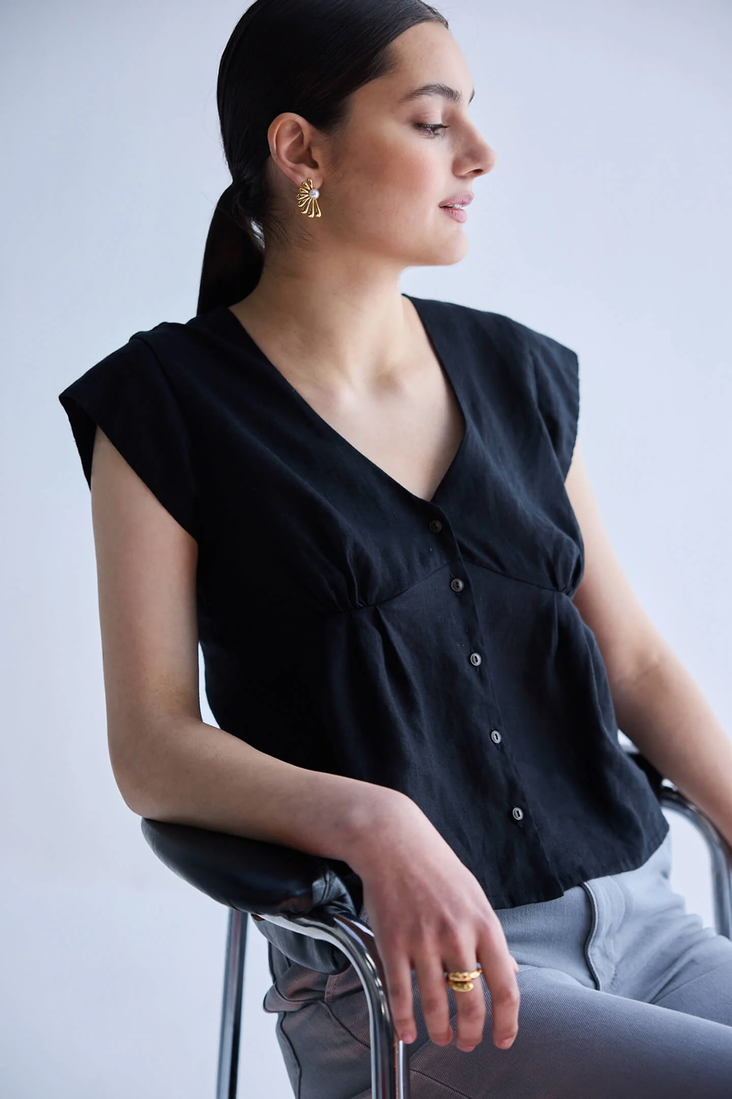 Deep V-neck short top in Black - Image 3