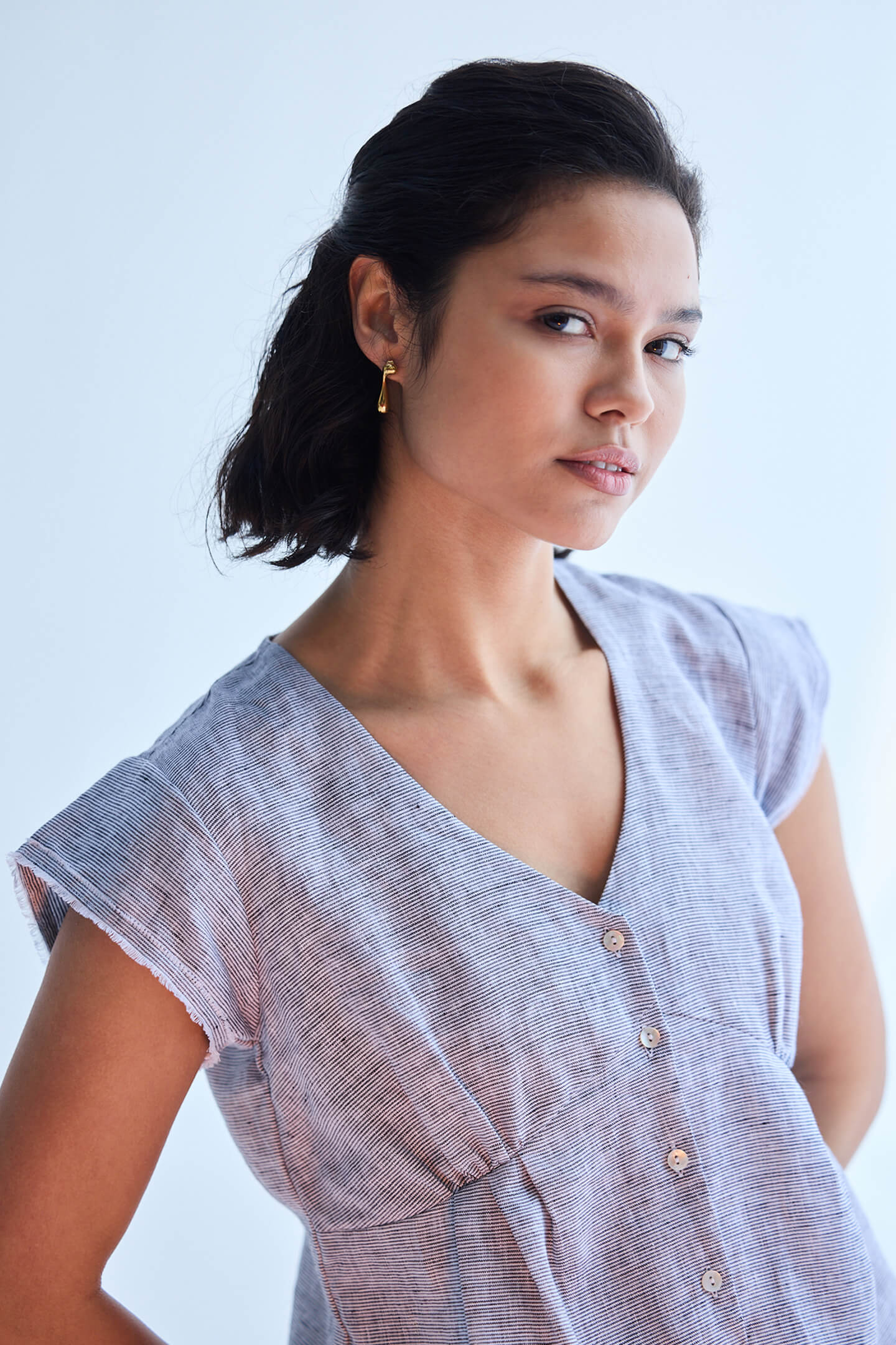 Deep V-neck short top in Linen Stripes - Image 4