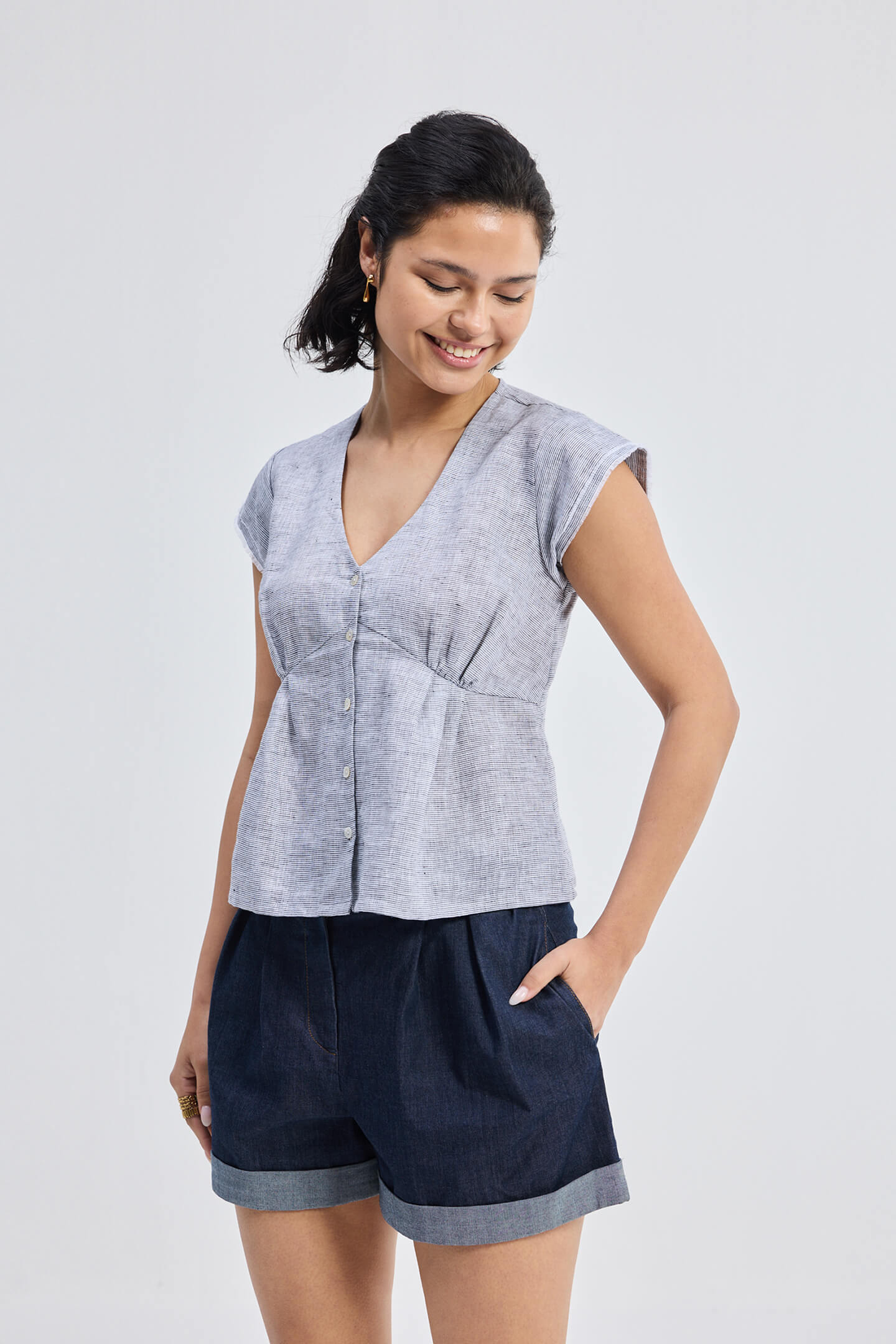 Deep V-neck short top in Linen Stripes - Image 6