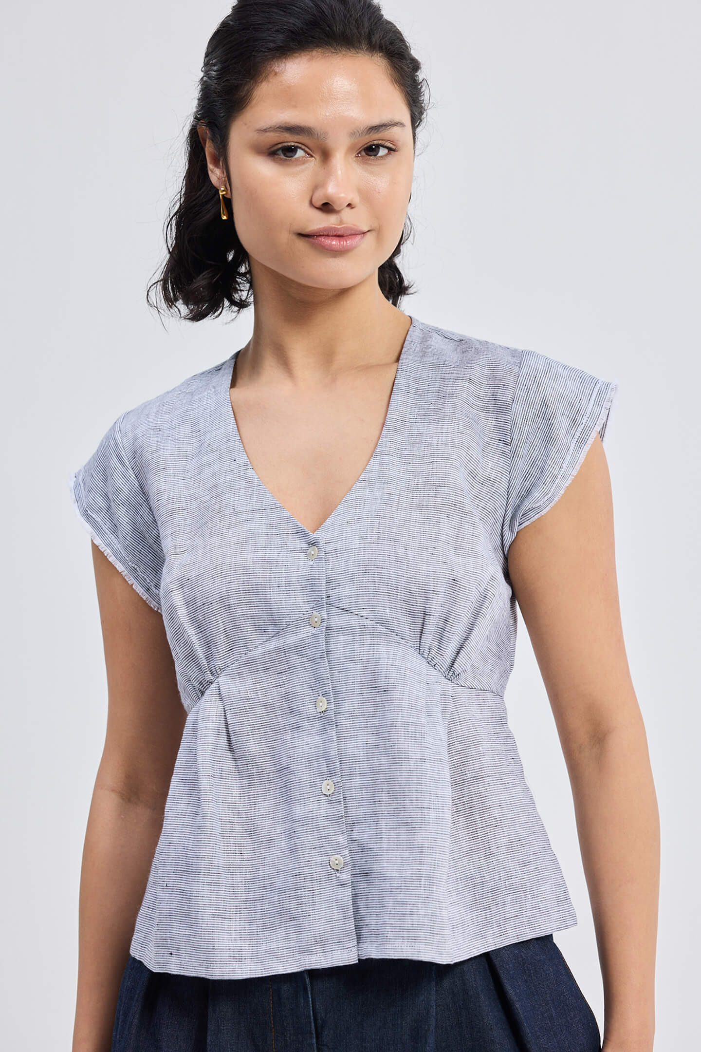 Deep V-neck short top in Linen Stripes - Image 7