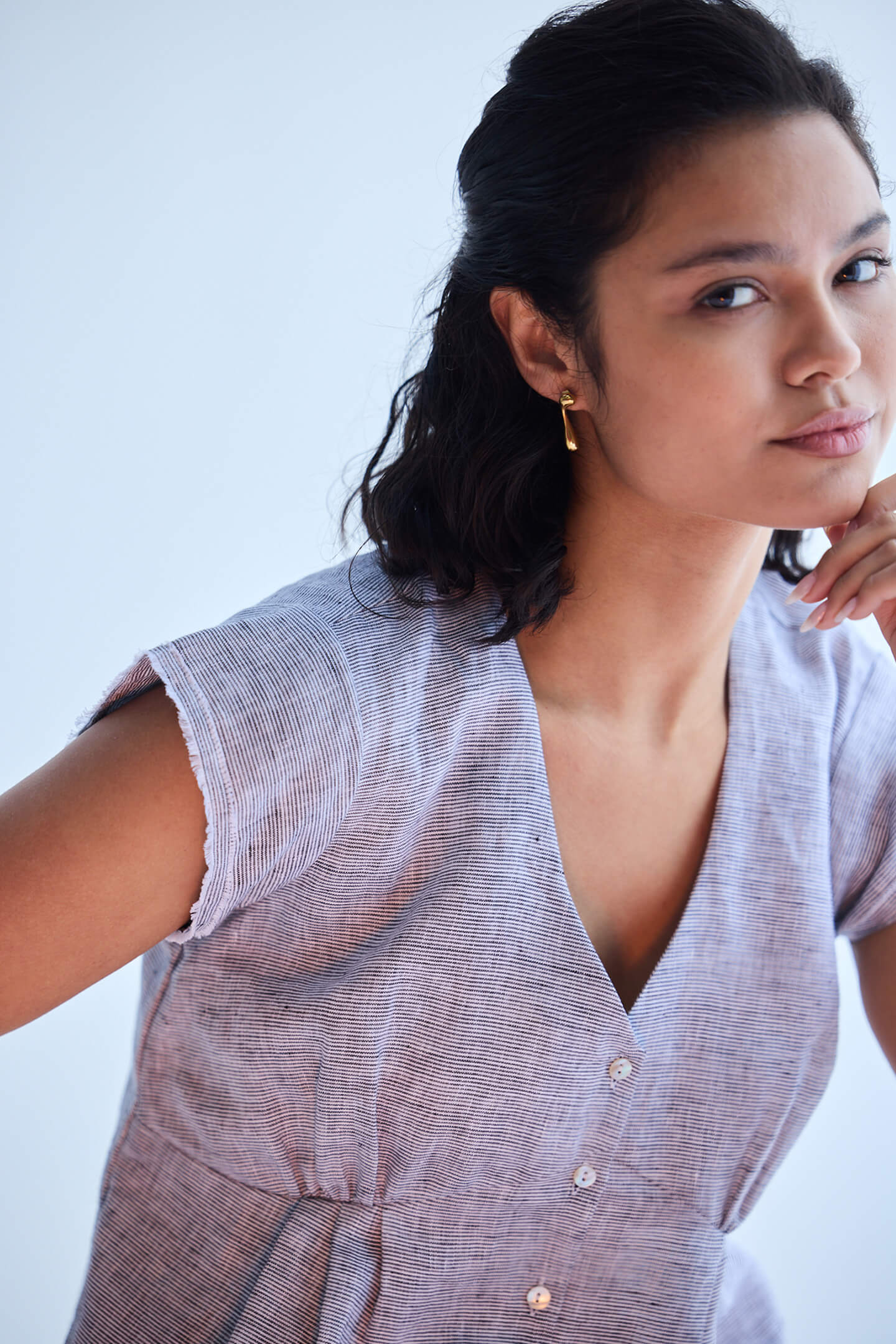 Deep V-neck short top in Linen Stripes - Image 8