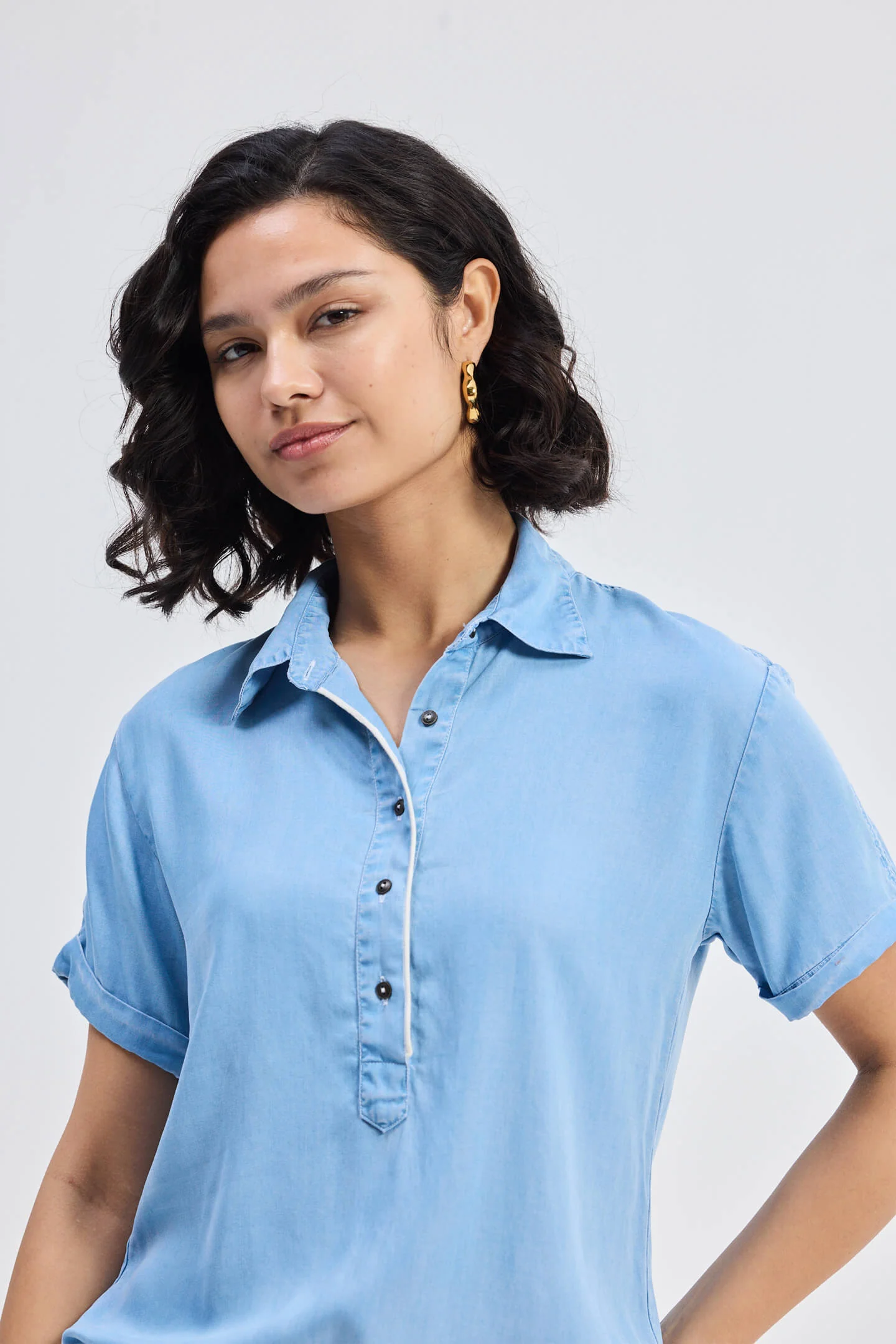Drawstring Denim Shirt Dress with Front Buttons in Blue - Image 10