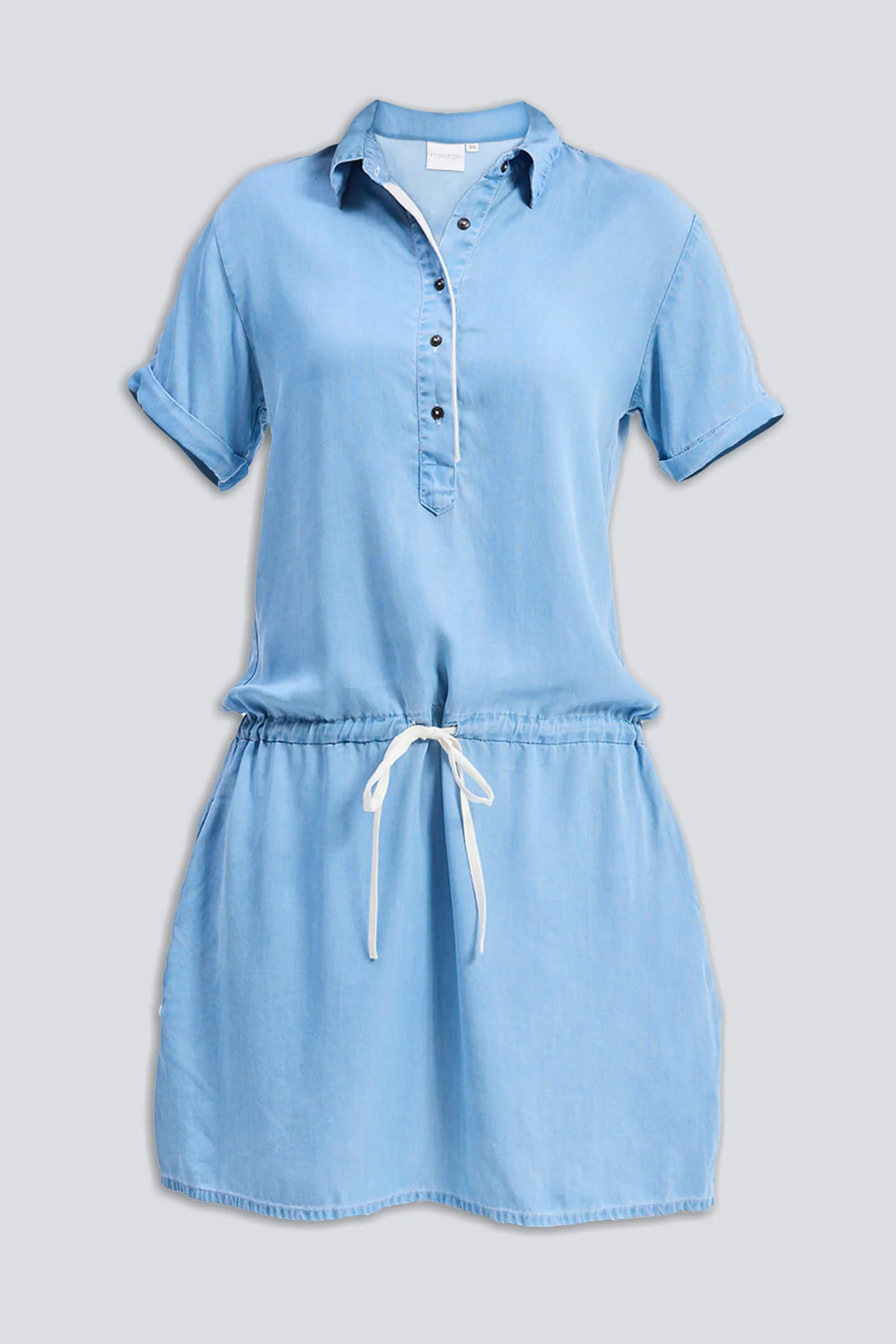 Drawstring Denim Shirt Dress with Front Buttons in Blue - Image 11