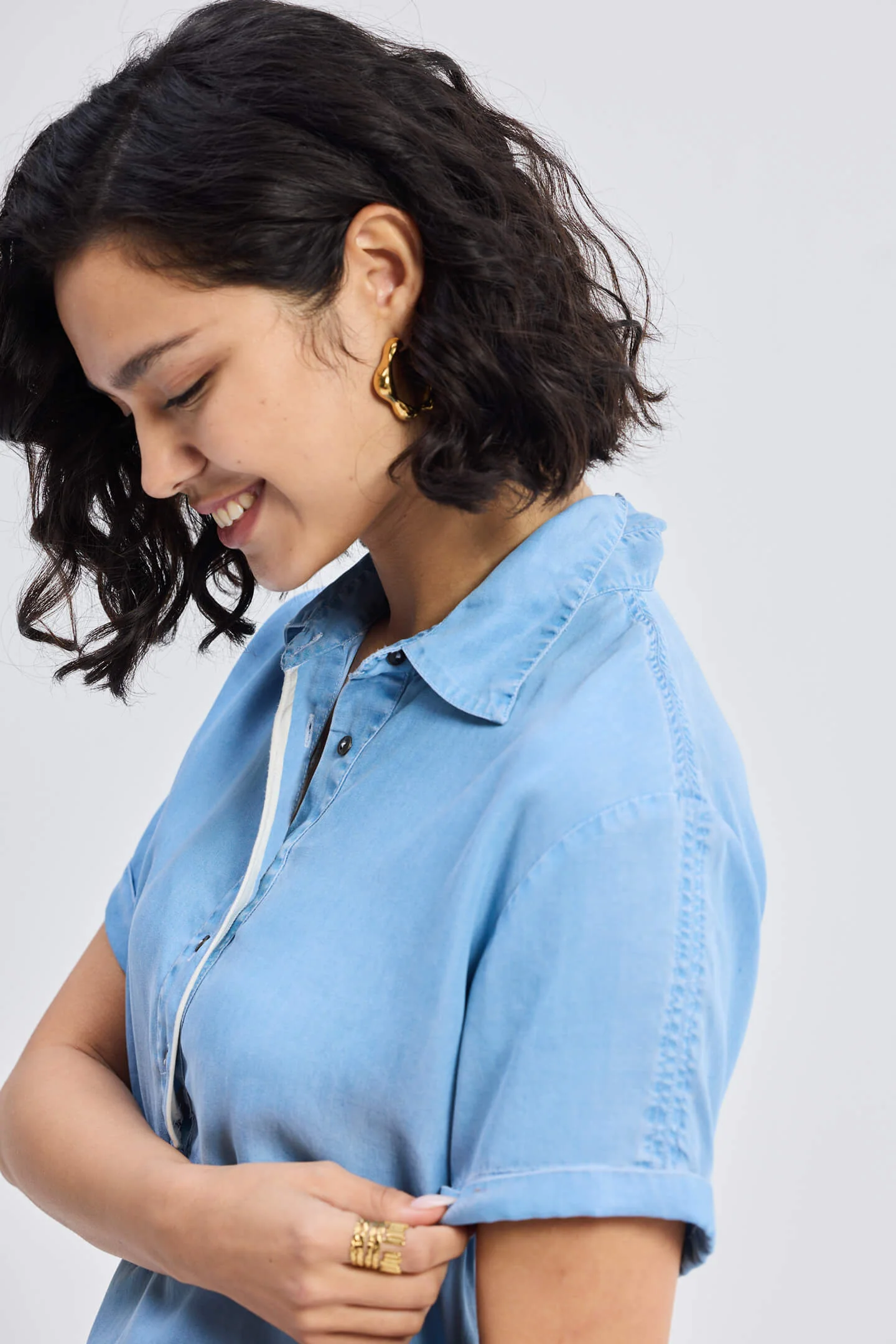 Drawstring Denim Shirt Dress with Front Buttons in Blue - Image 4