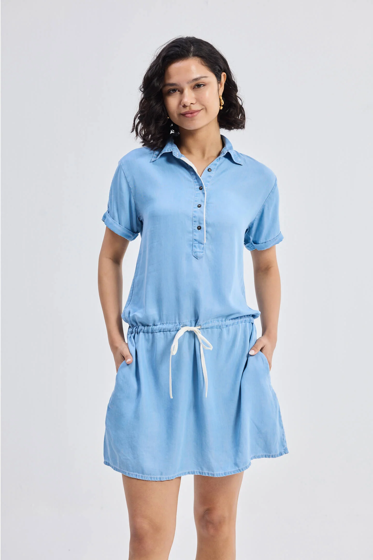 Drawstring Denim Shirt Dress with Front Buttons in Blue - Image 5