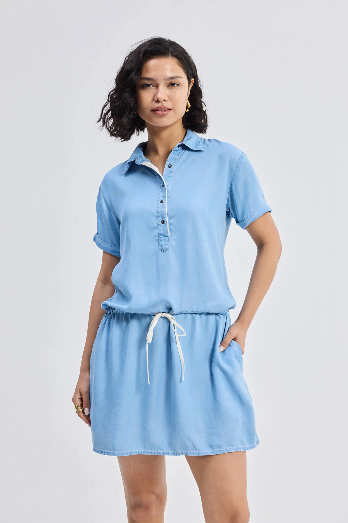 Drawstring Denim Shirt Dress with Front Buttons in Blue - Image 6