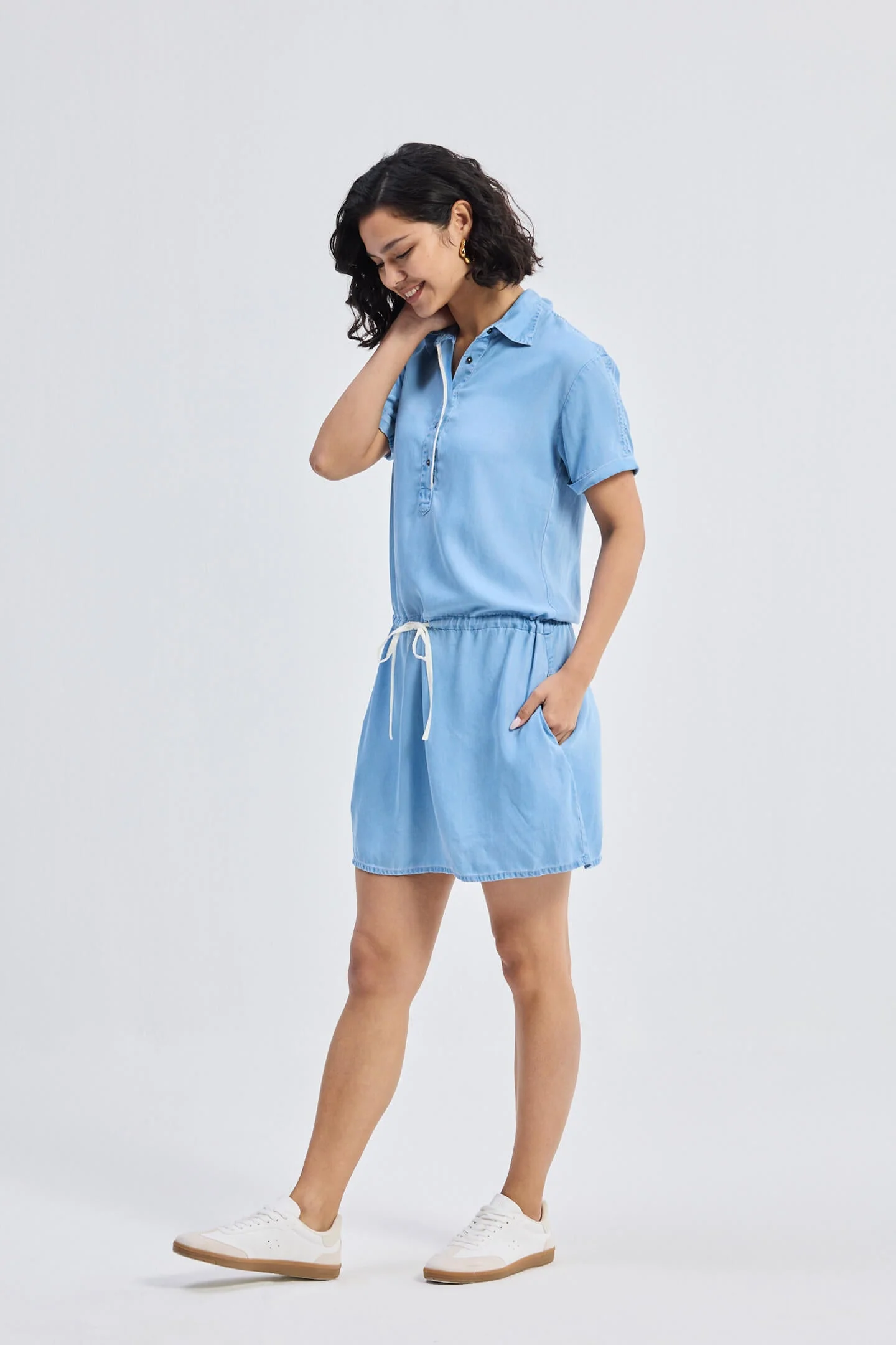 Drawstring Denim Shirt Dress with Front Buttons in Blue - Image 9