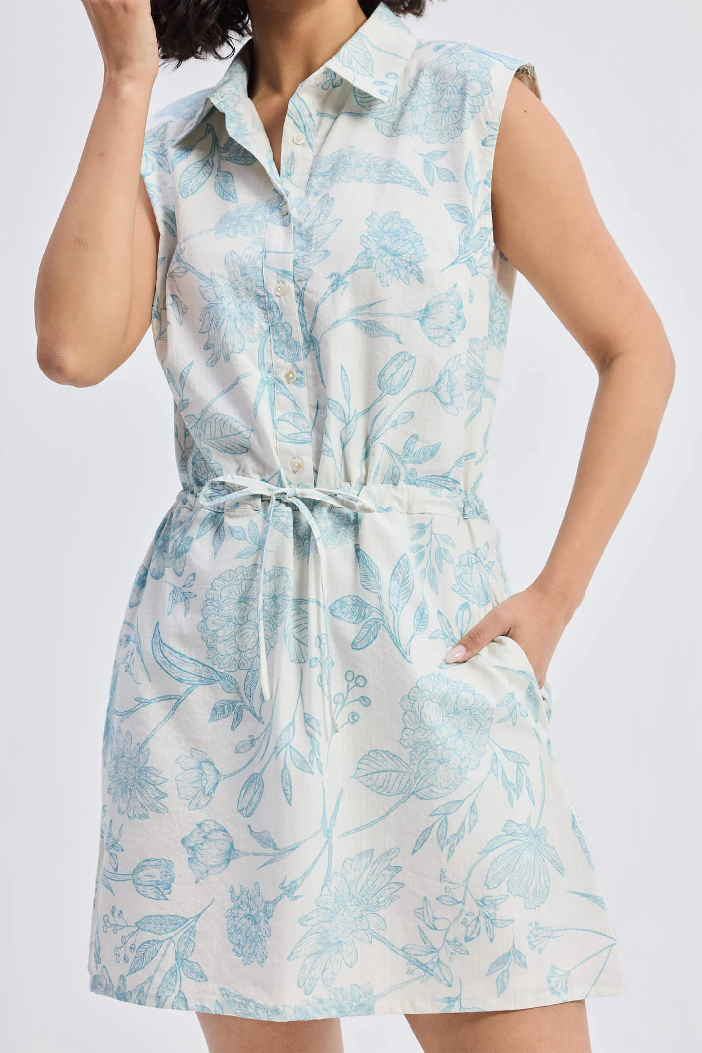 Drawstring Shirt Dress in Blue Florals - Image 11