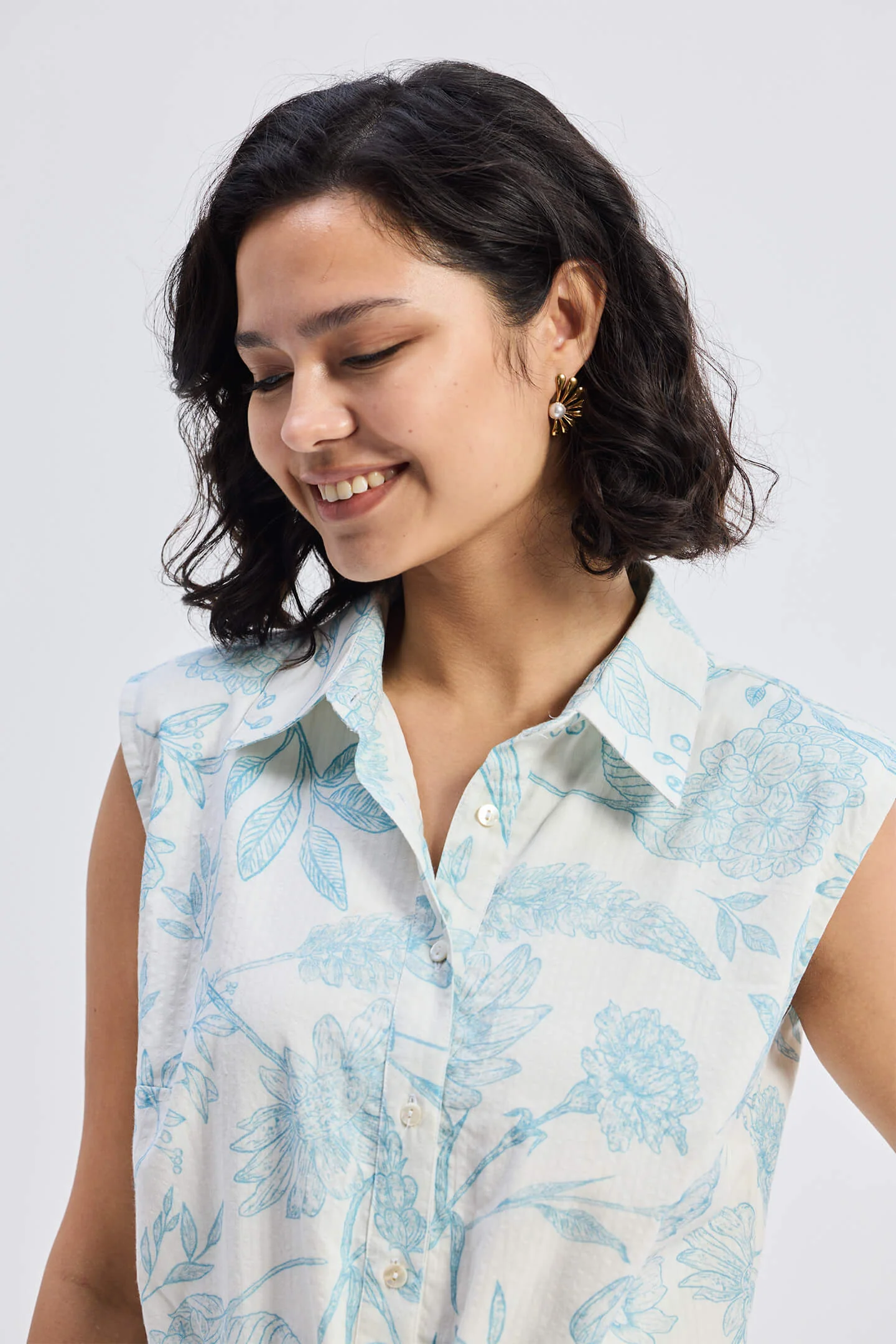 Drawstring Shirt Dress in Blue Florals - Image 12