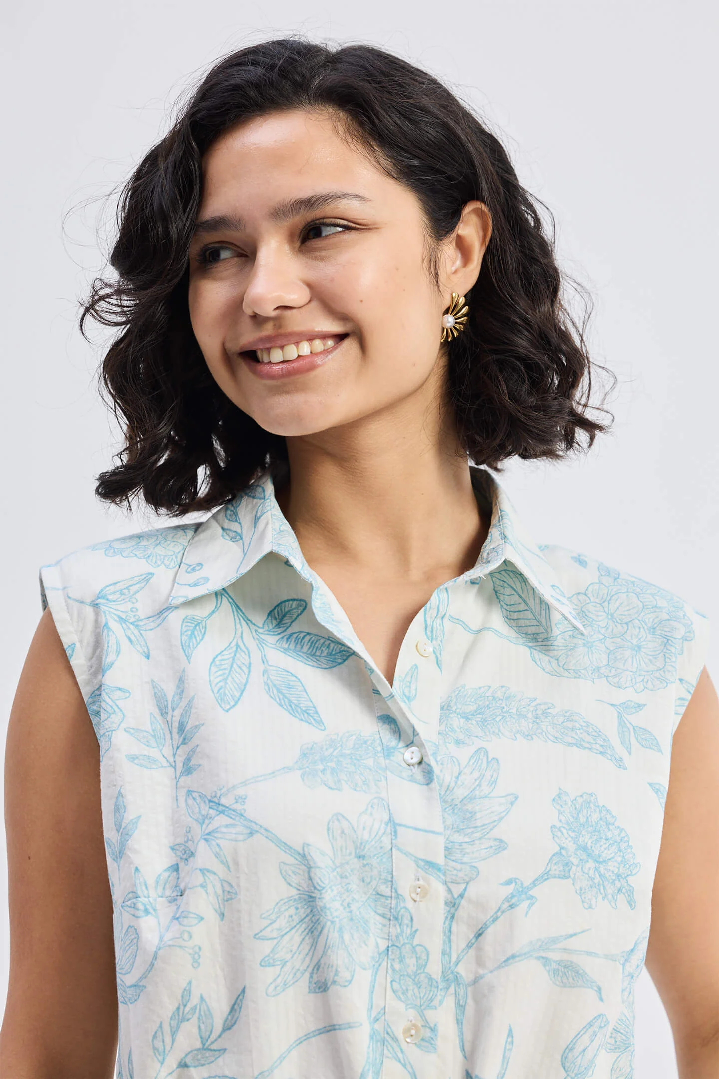 Drawstring Shirt Dress in Blue Florals - Image 14