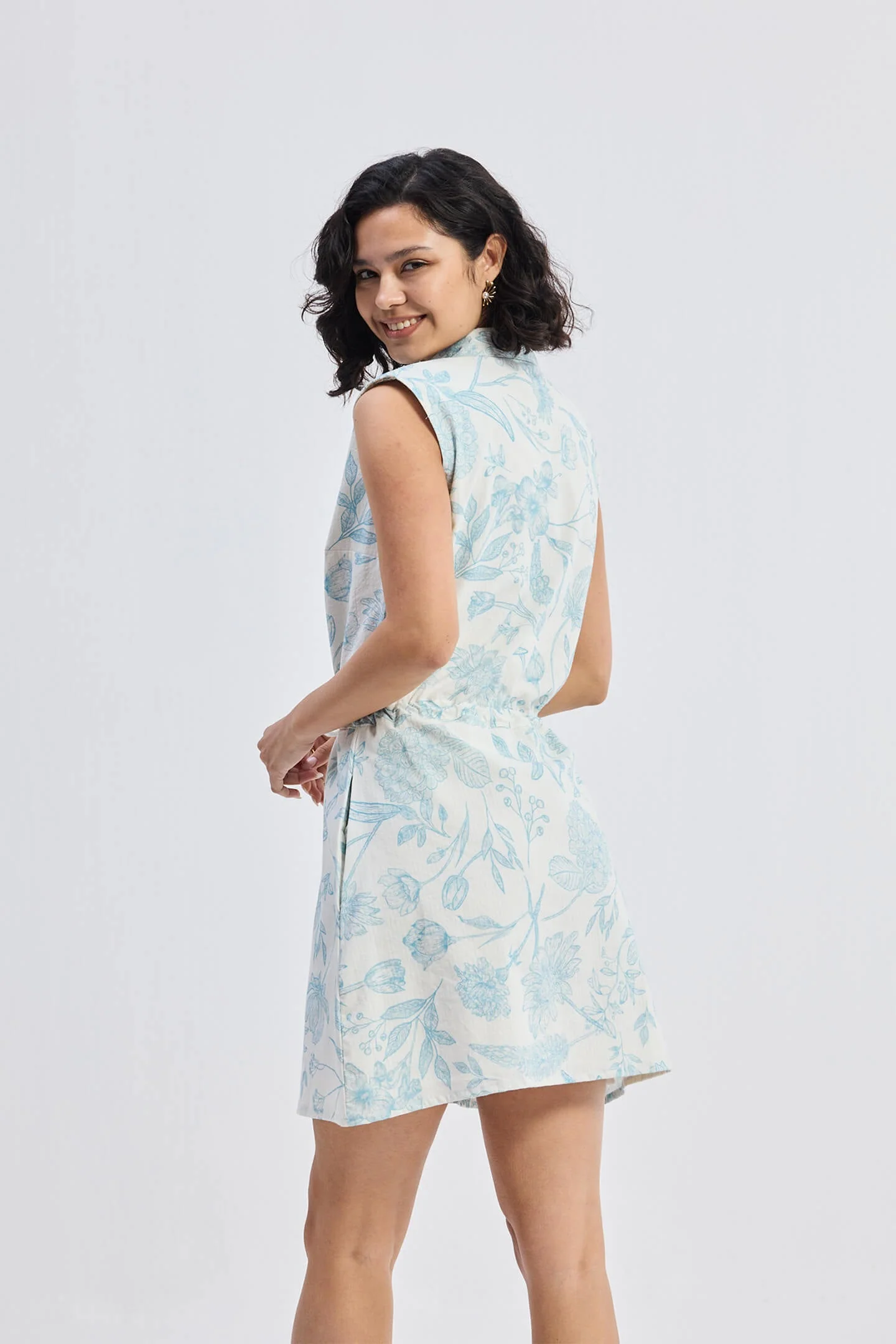 Drawstring Shirt Dress in Blue Florals - Image 2