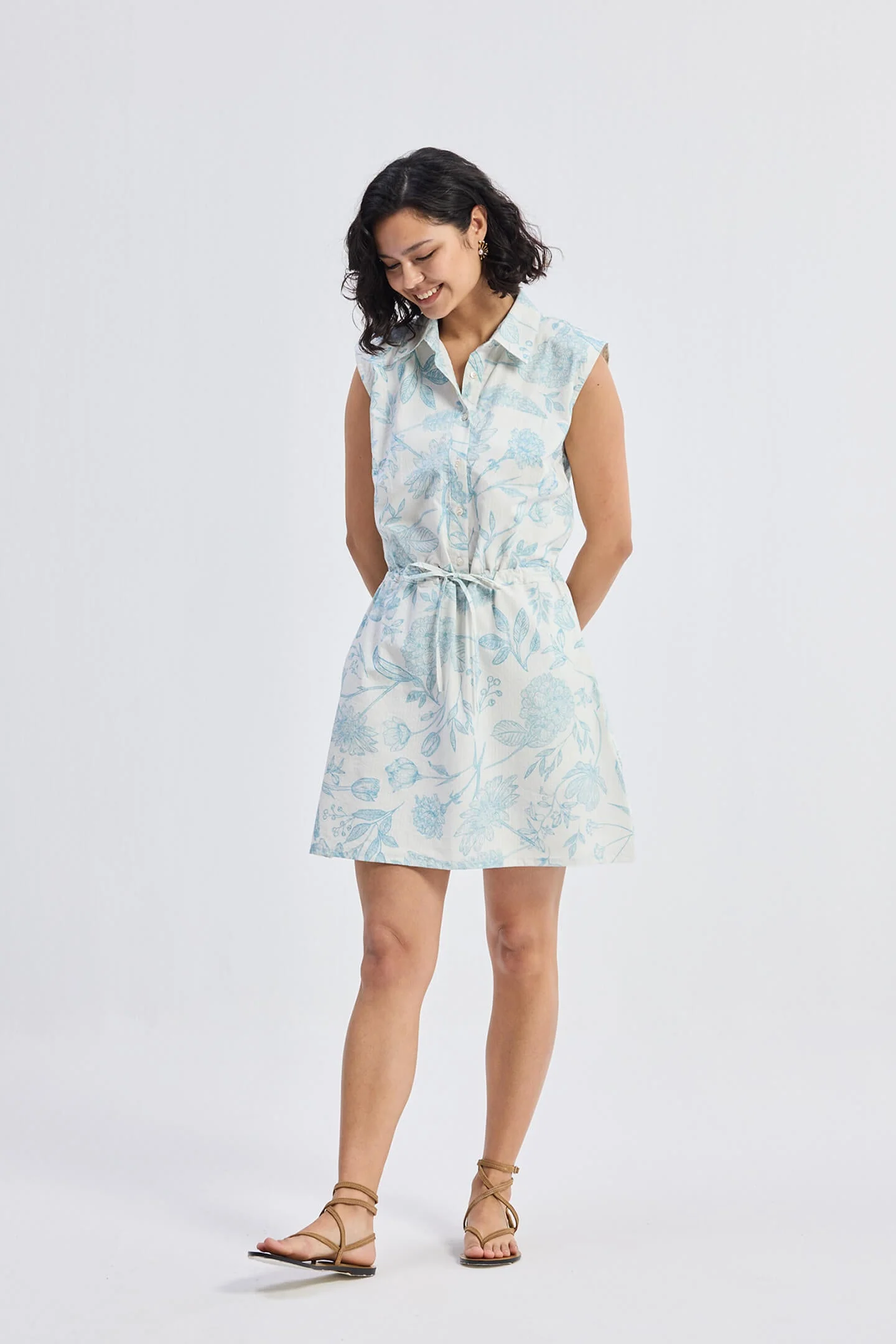 Drawstring Shirt Dress in Blue Florals - Image 6