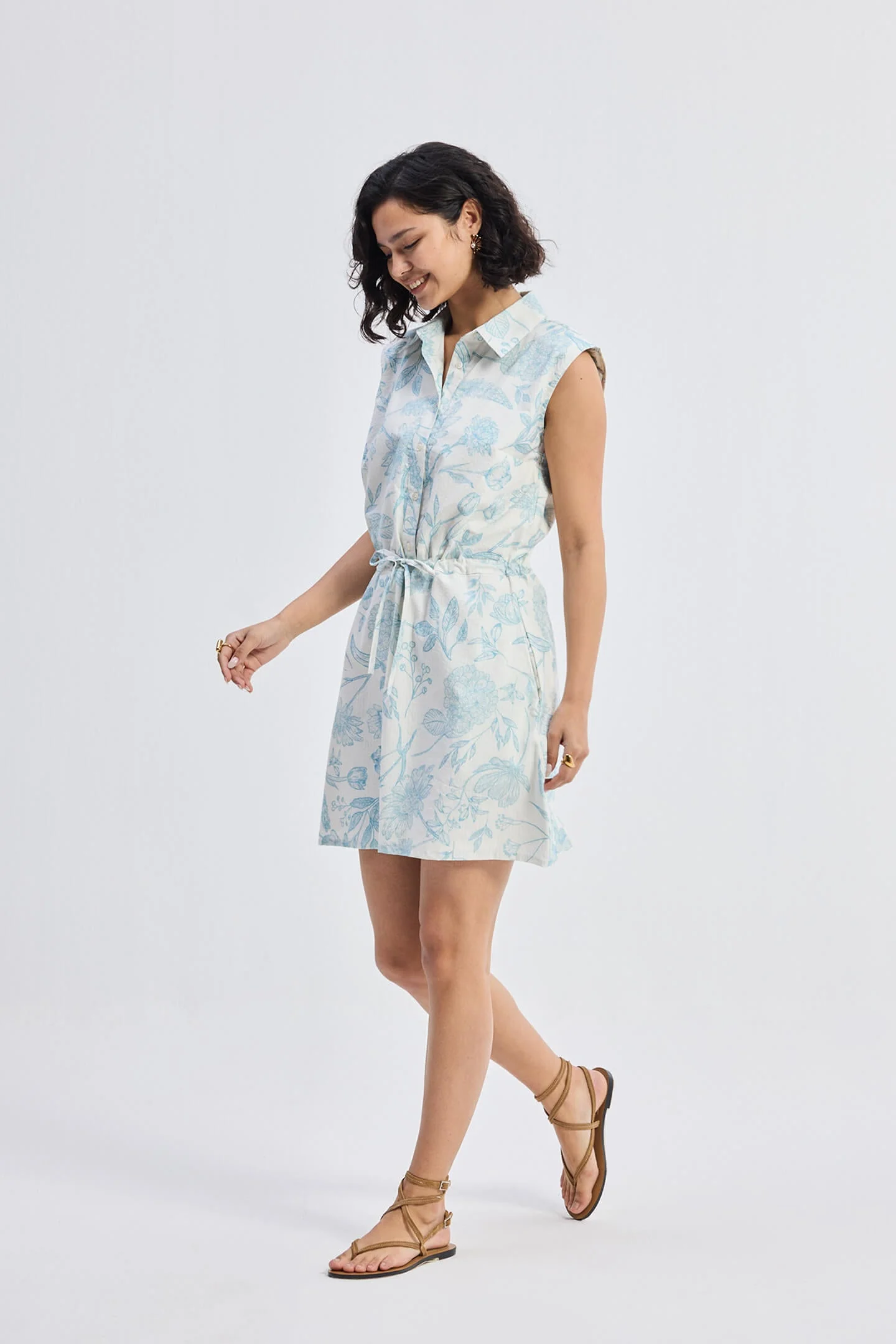 Drawstring Shirt Dress in Blue Florals - Image 7