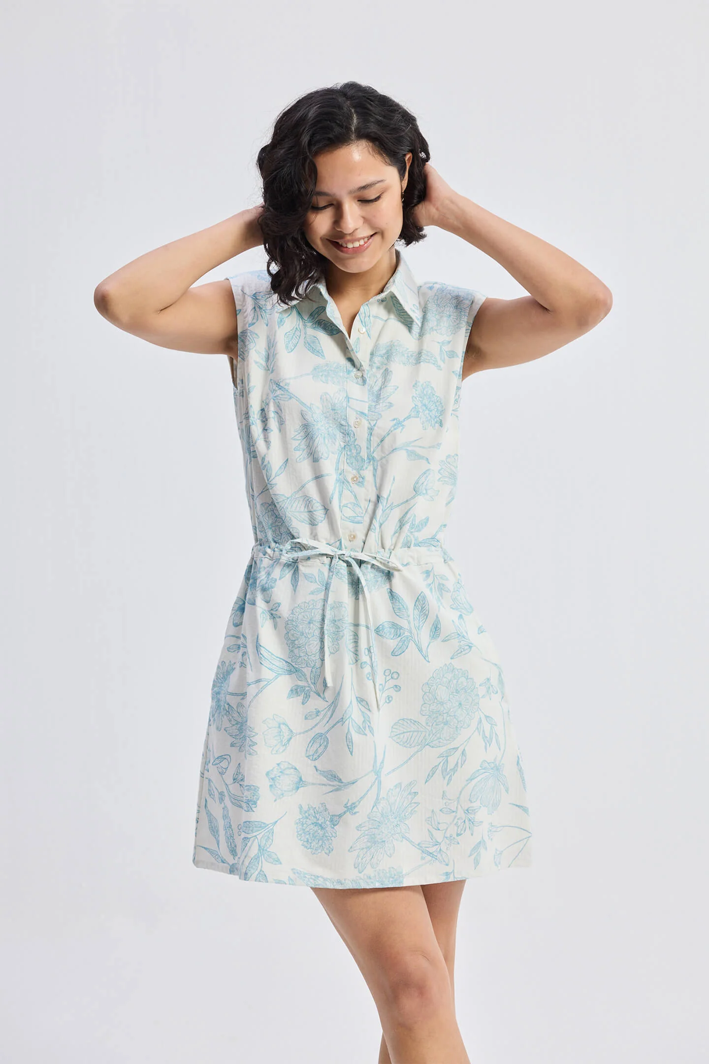 Drawstring Shirt Dress in Blue Florals - Image 8