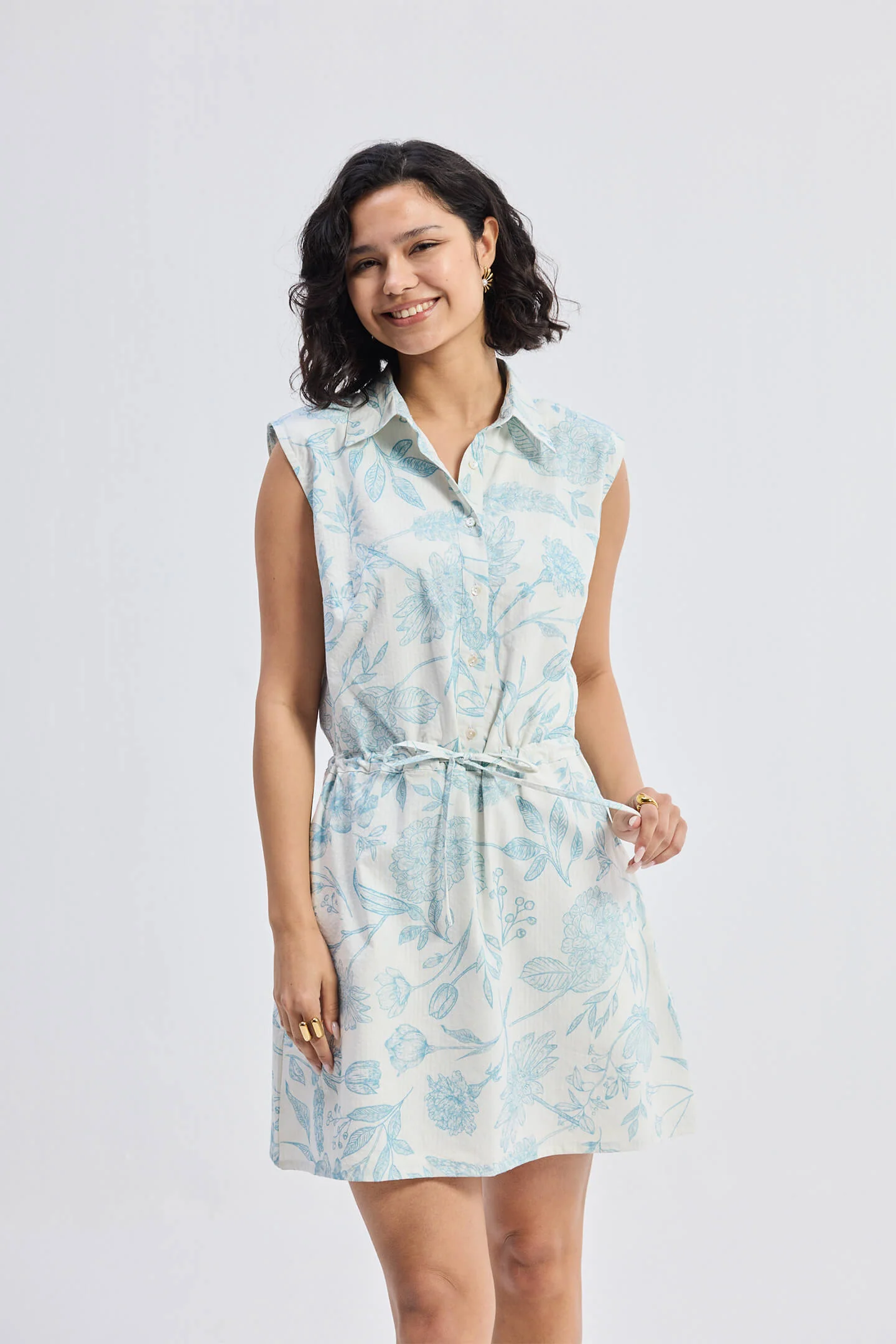 Drawstring Shirt Dress in Blue Florals - Image 9