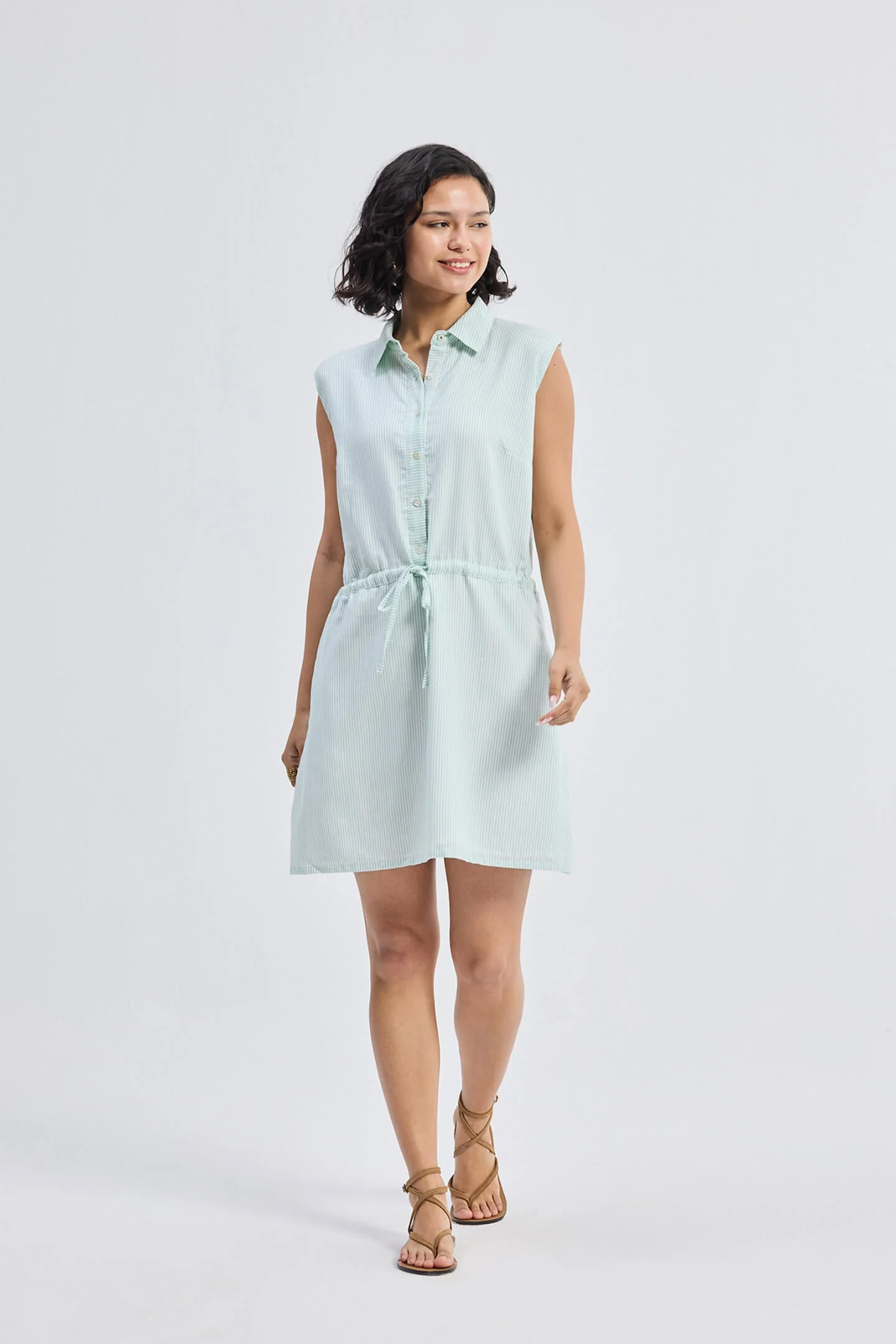 Drawstring Shirt Dress in Stripes - Image 10