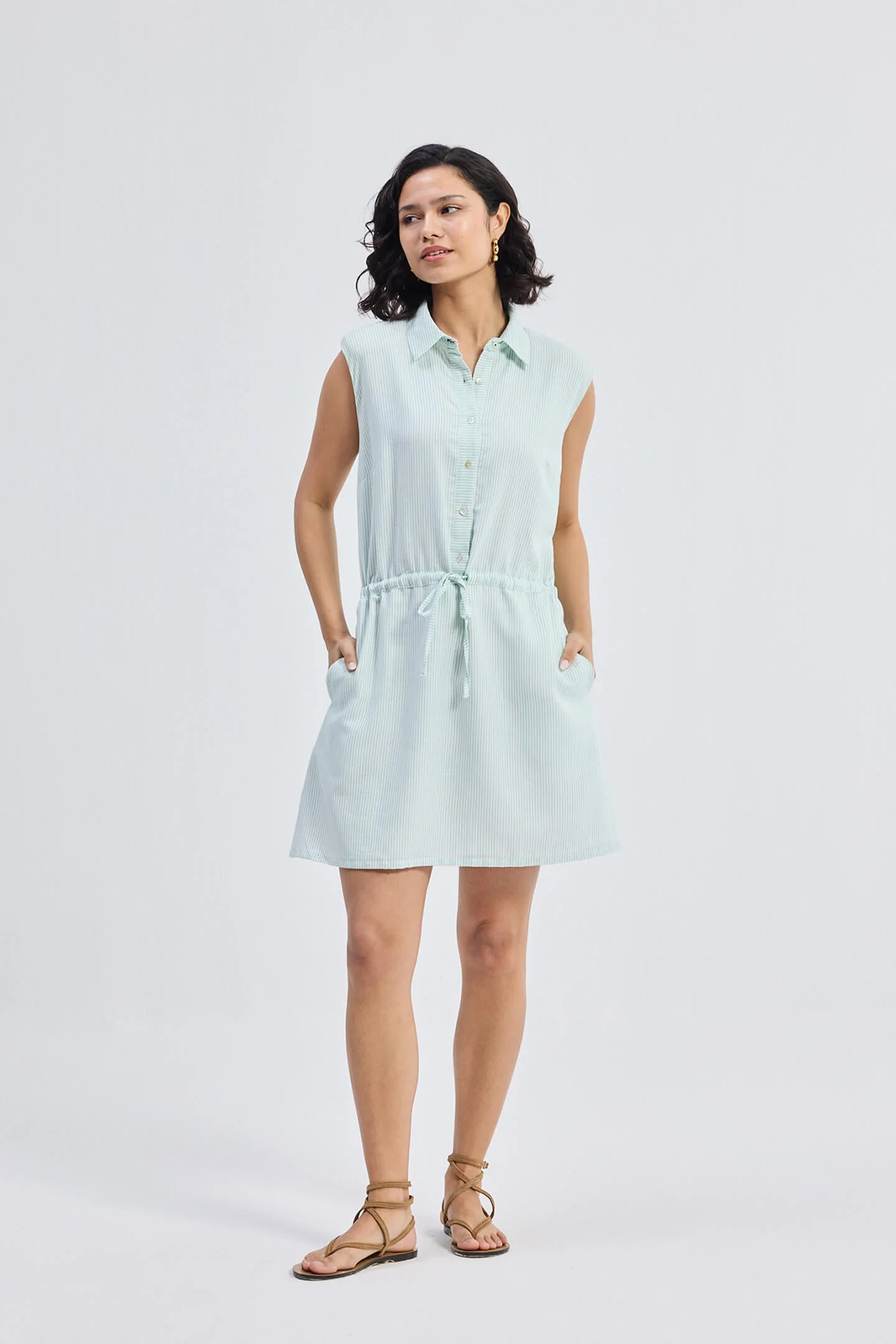 Drawstring Shirt Dress in Stripes - Image 11
