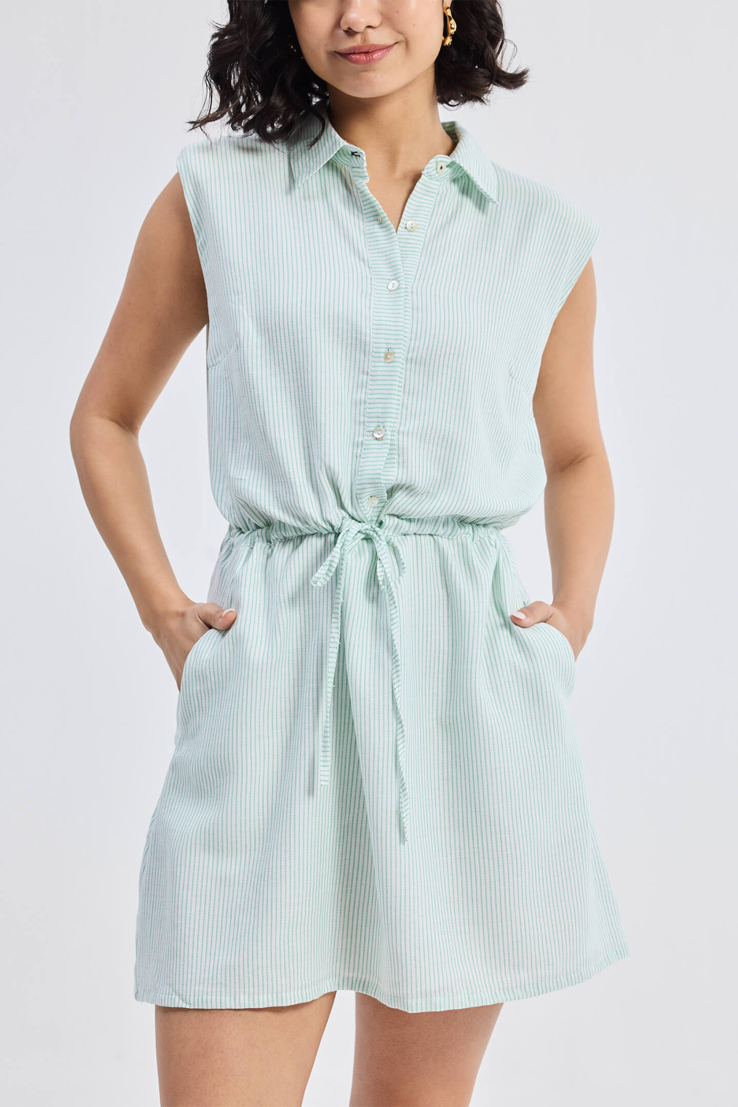Drawstring Shirt Dress in Stripes - Image 3