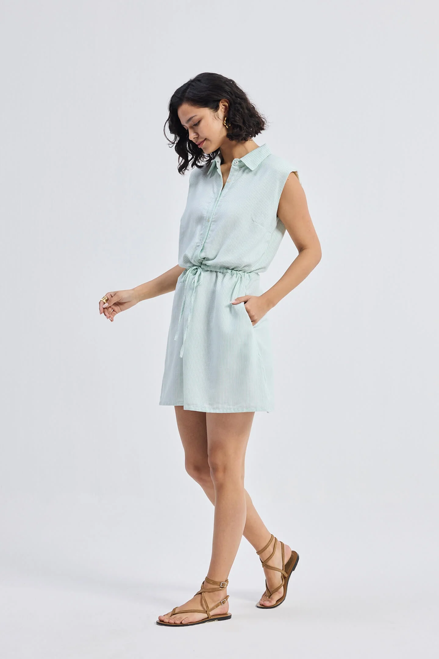 Drawstring Shirt Dress in Stripes - Image 5