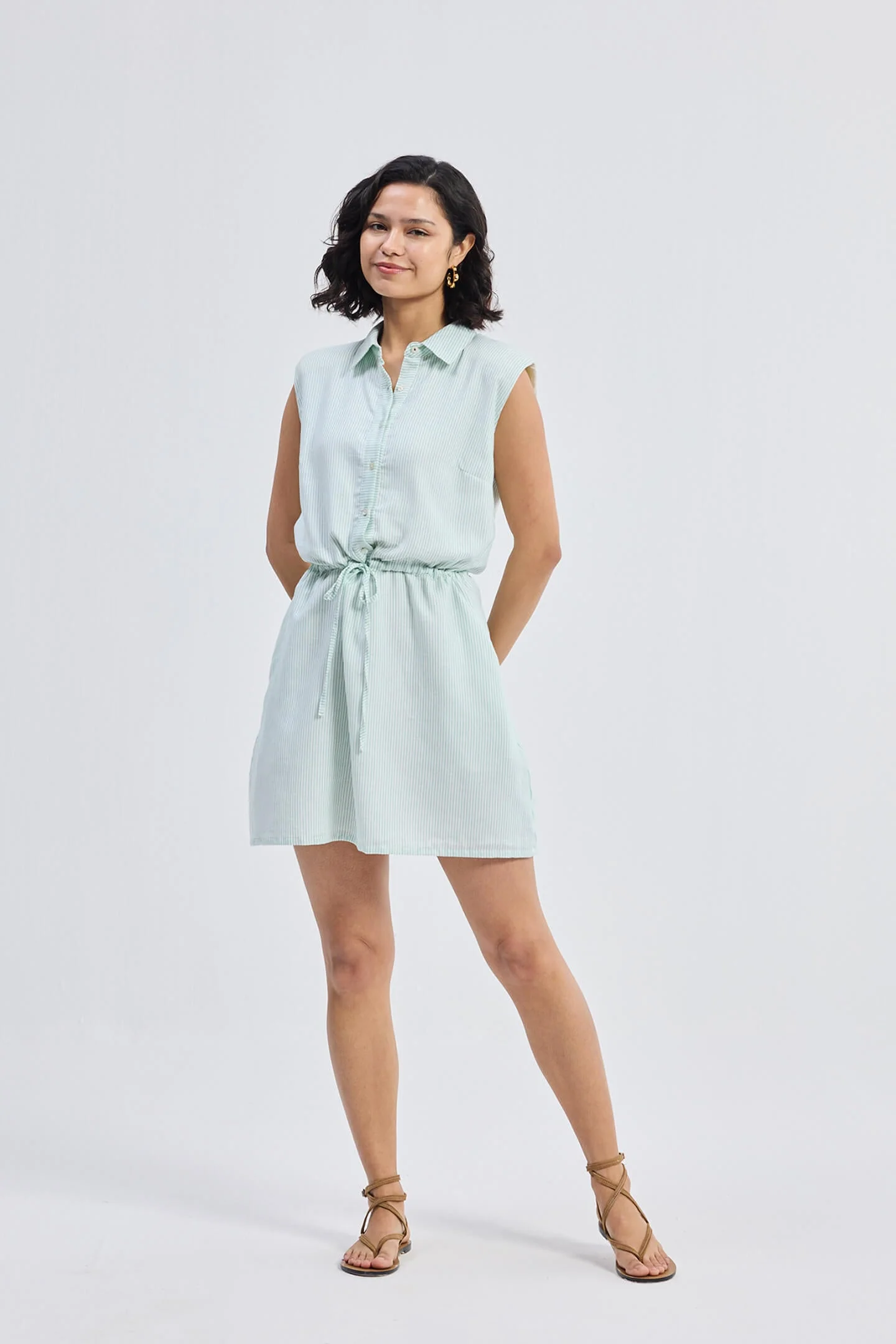 Drawstring Shirt Dress in Stripes - Image 7
