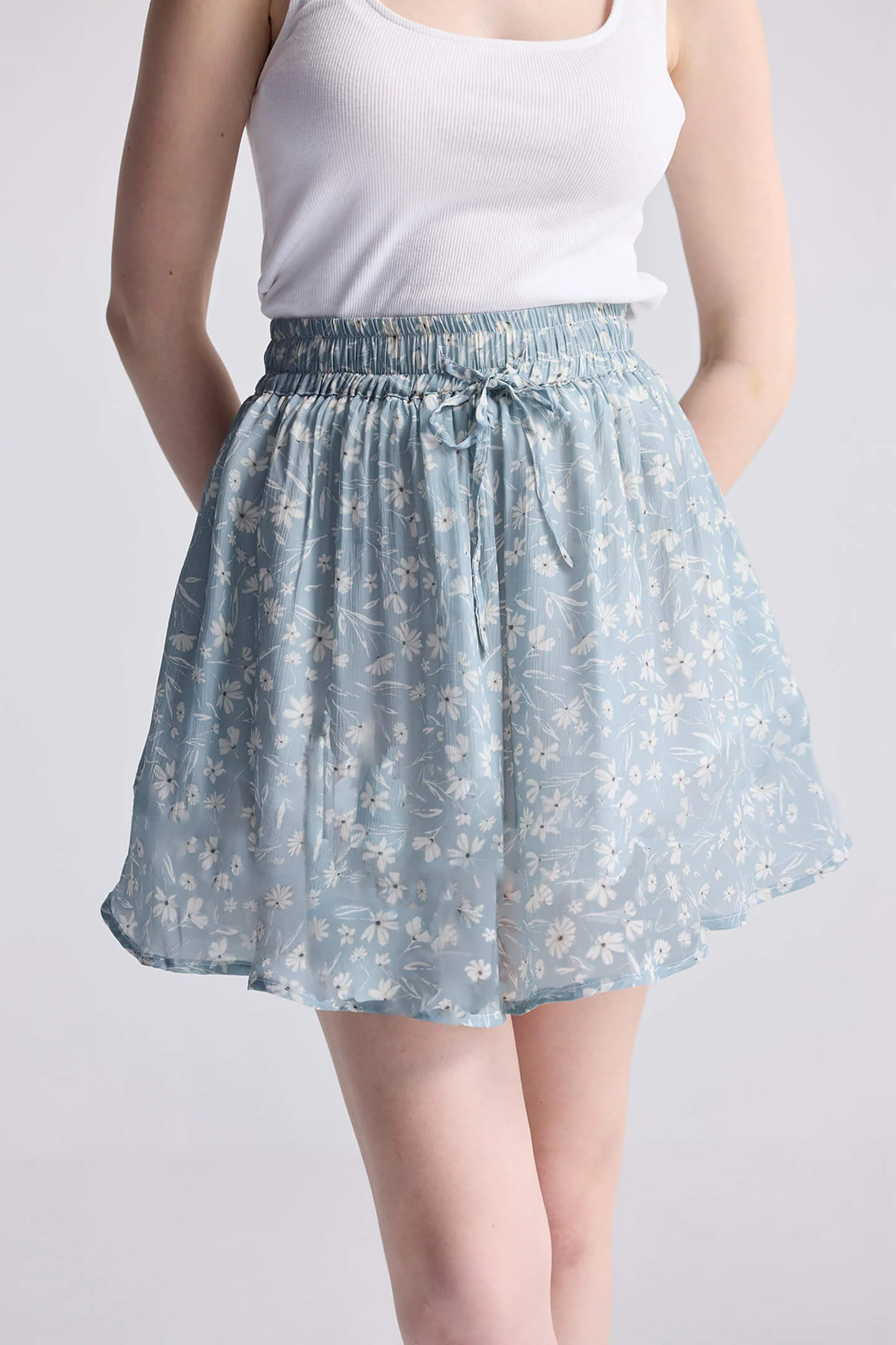 Drawstring Short Skirt in Light Blue Florals - Image 2
